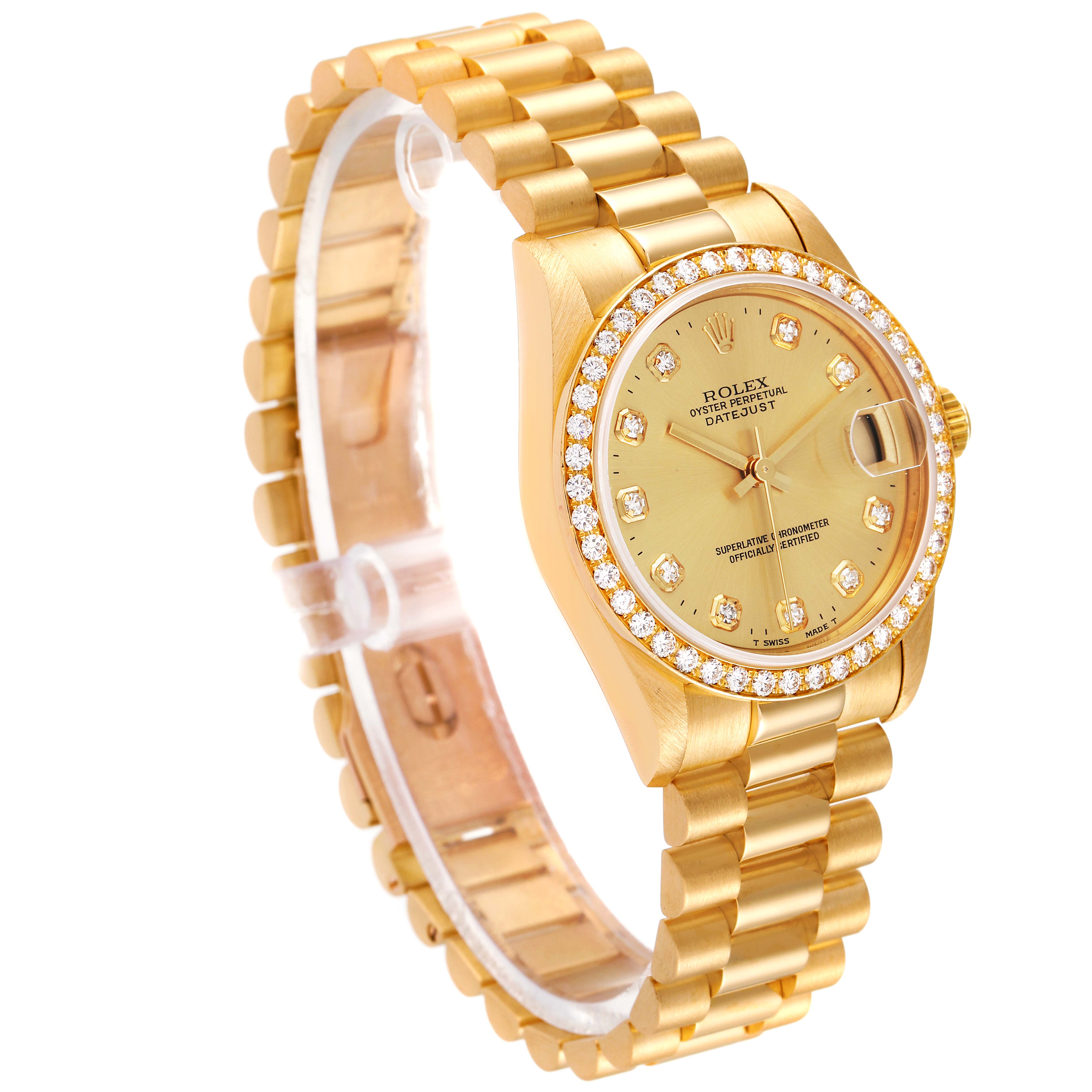 The Rolex President 68288 Women
s Yellow Gold Champagne Dial 68288 Women
s Yellow Gold Champagne Dial model watch is shown at a slight angle, displaying its face, bezel, and bracelet.