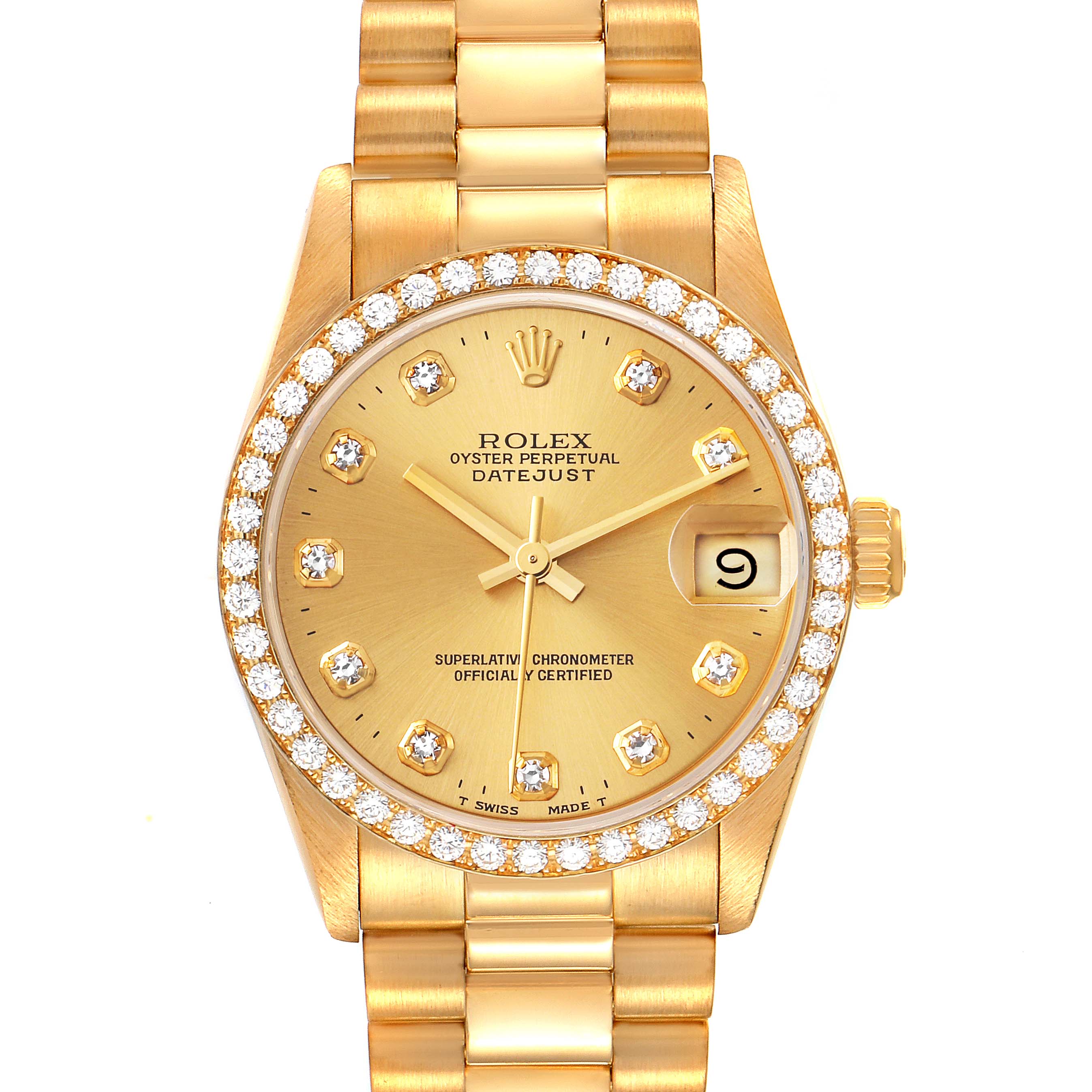 The image shows a front view of a Rolex President 68288 Women
s Yellow Gold Champagne Dial 68288 Women
s Yellow Gold Champagne Dial model, highlighting its gold dial, diamond bezel, and bracelet.