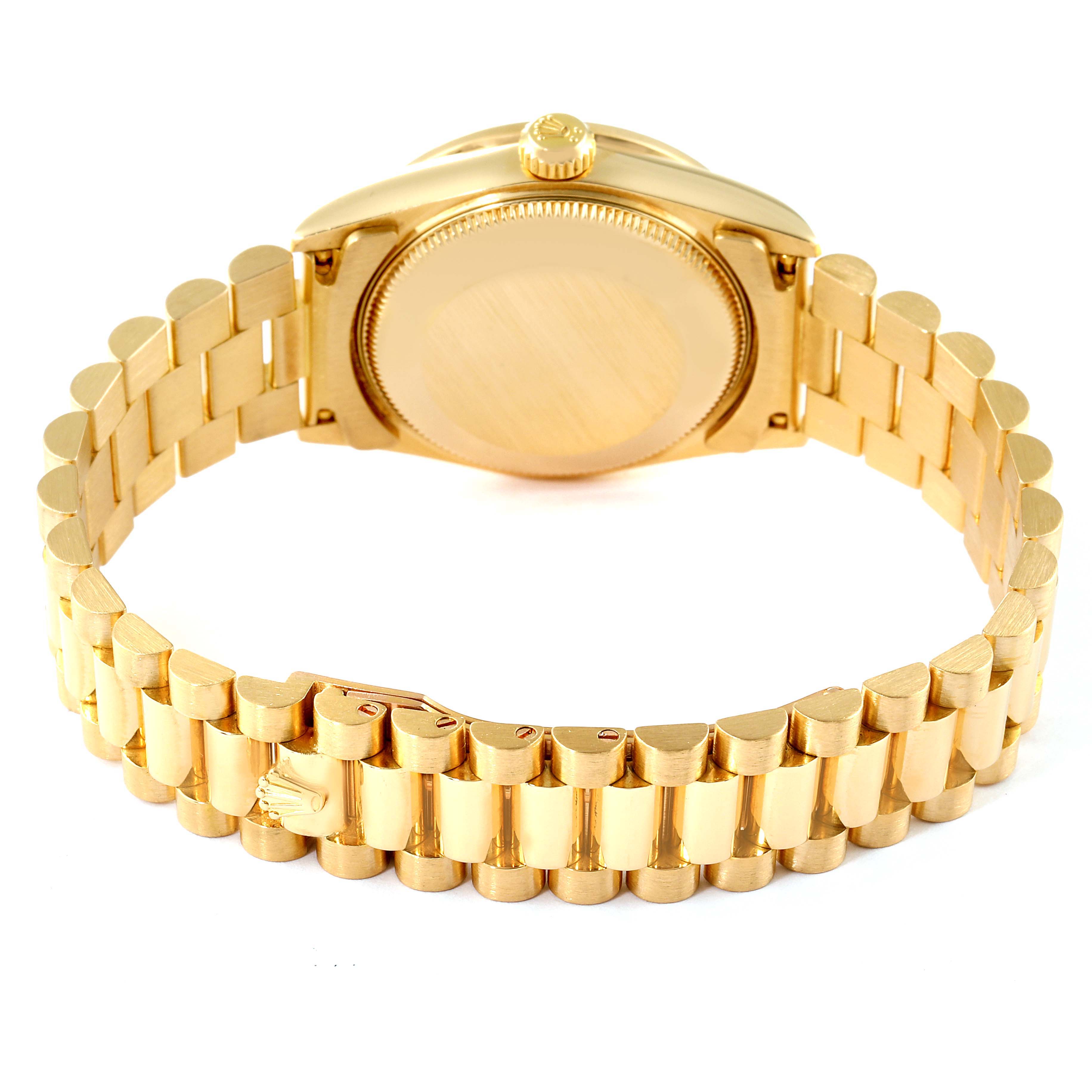 This image shows the back casing and bracelet of a Rolex President 68288 Women
s Yellow Gold Champagne Dial 68288 Women
s Yellow Gold Champagne Dial model watch.