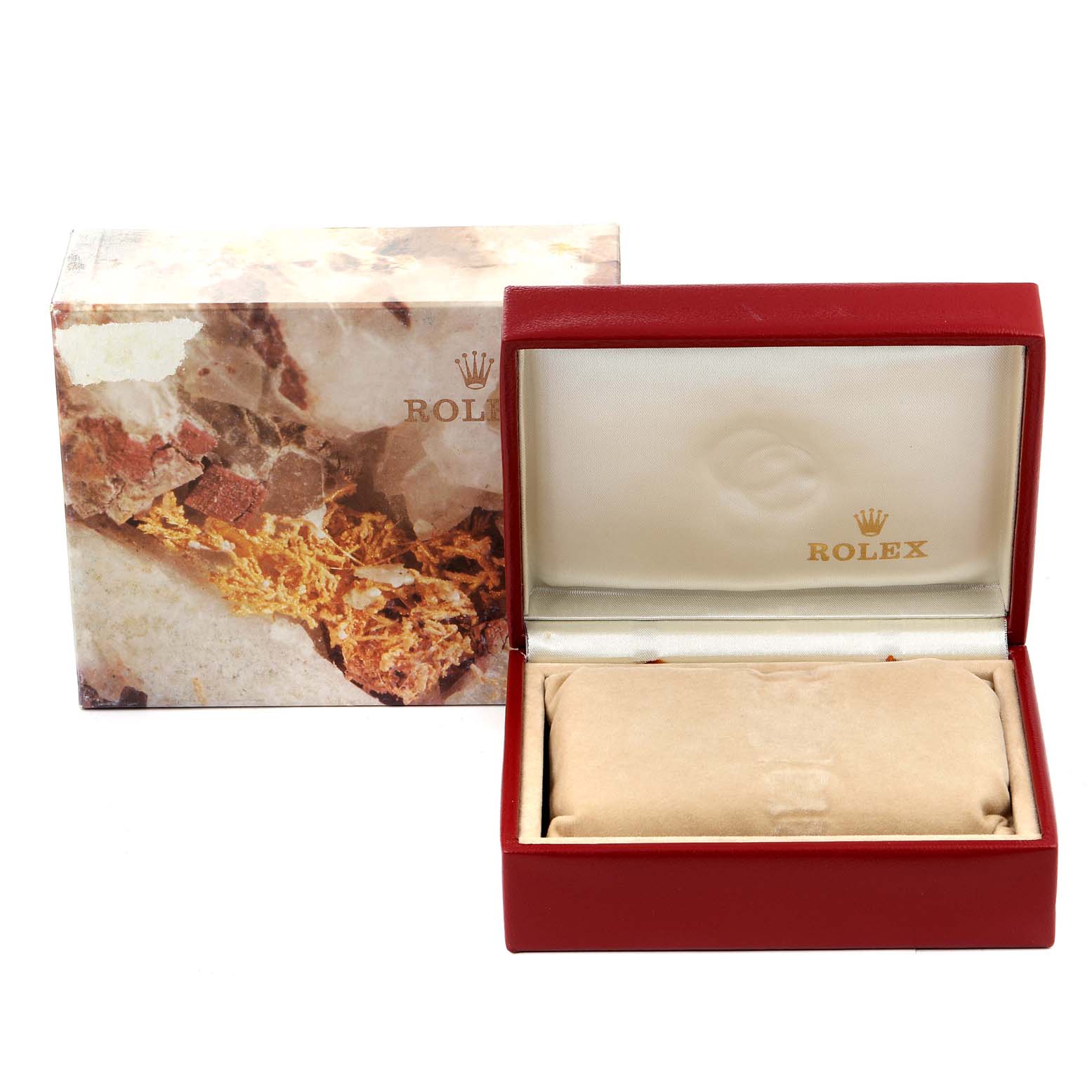 The image shows an open Rolex watch box with "Rolex" branding, likely for the President model, in front of its outer box.