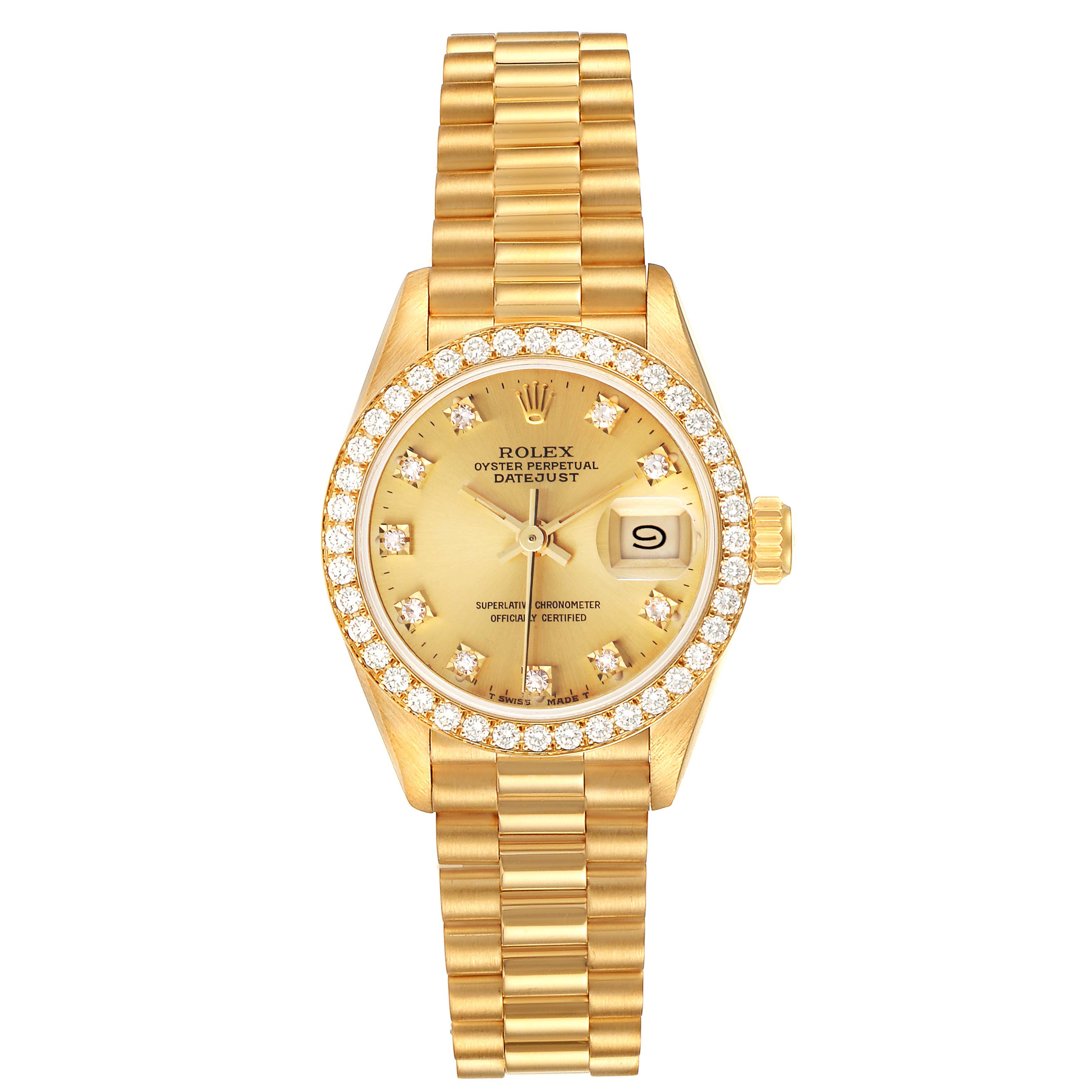 This is a front view of the Rolex President 69138 Women
s Yellow Gold Champagne Dial 69138 Women
s Yellow Gold Champagne Dial model watch, showing its gold bracelet, diamond bezel, and date display.