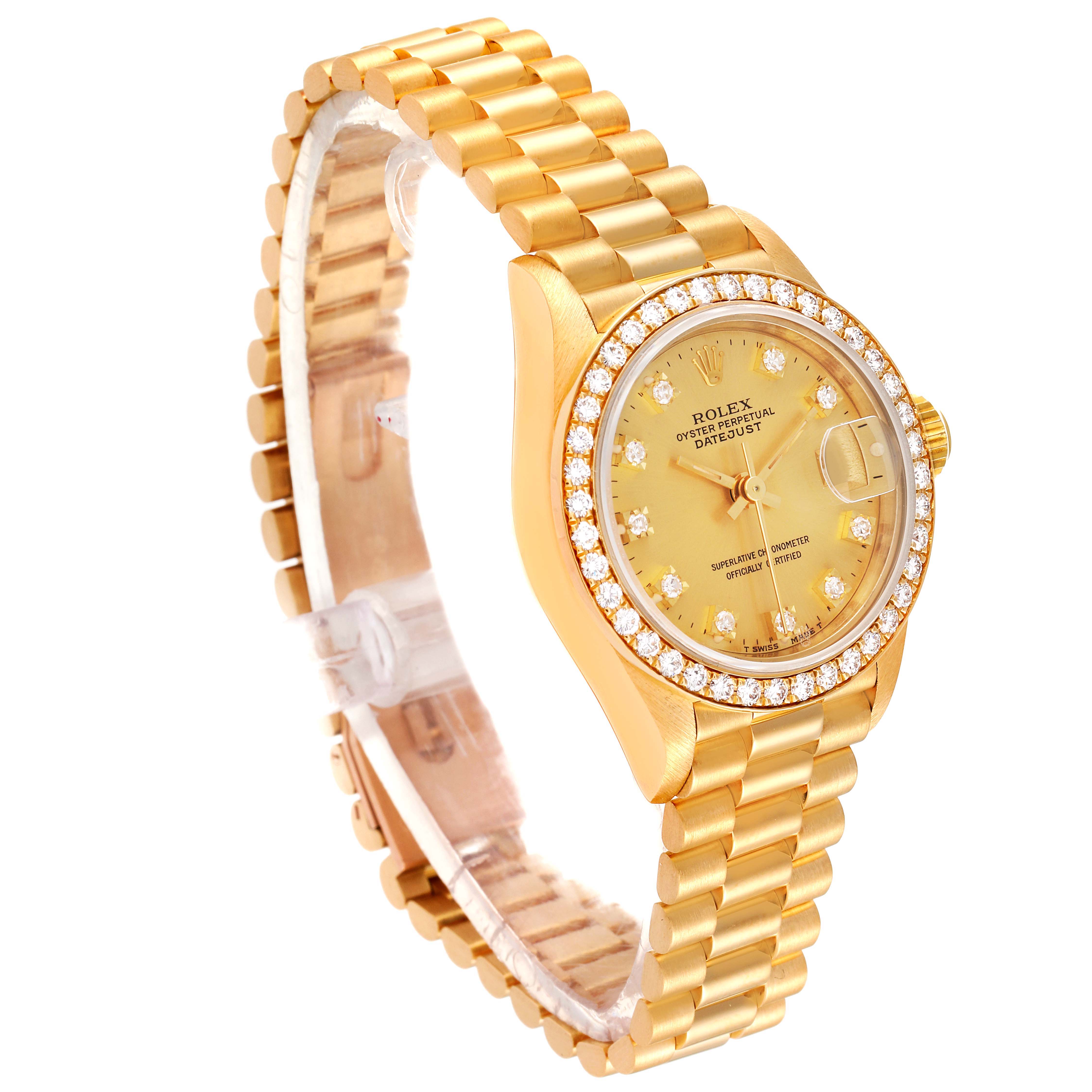 The image shows a Rolex President 69138 Women
s Yellow Gold Champagne Dial 69138 Women
s Yellow Gold Champagne Dial model watch at an angled side view, displaying its dial, bezel, and bracelet.