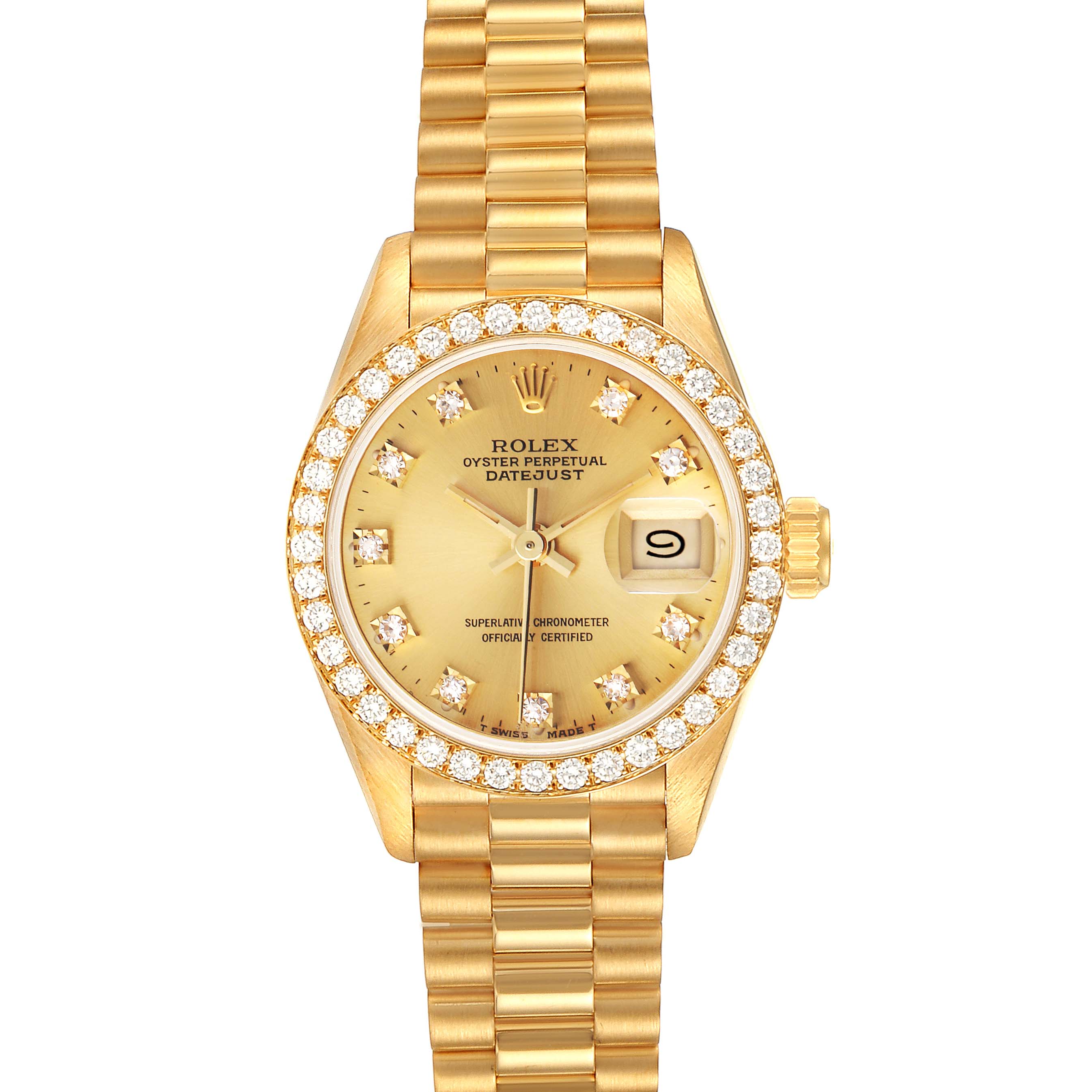 This image shows a frontal view of a Rolex President 69138 Women
s Yellow Gold Champagne Dial 69138 Women
s Yellow Gold Champagne Dial model watch, highlighting its gold bracelet, diamond bezel, and date display.