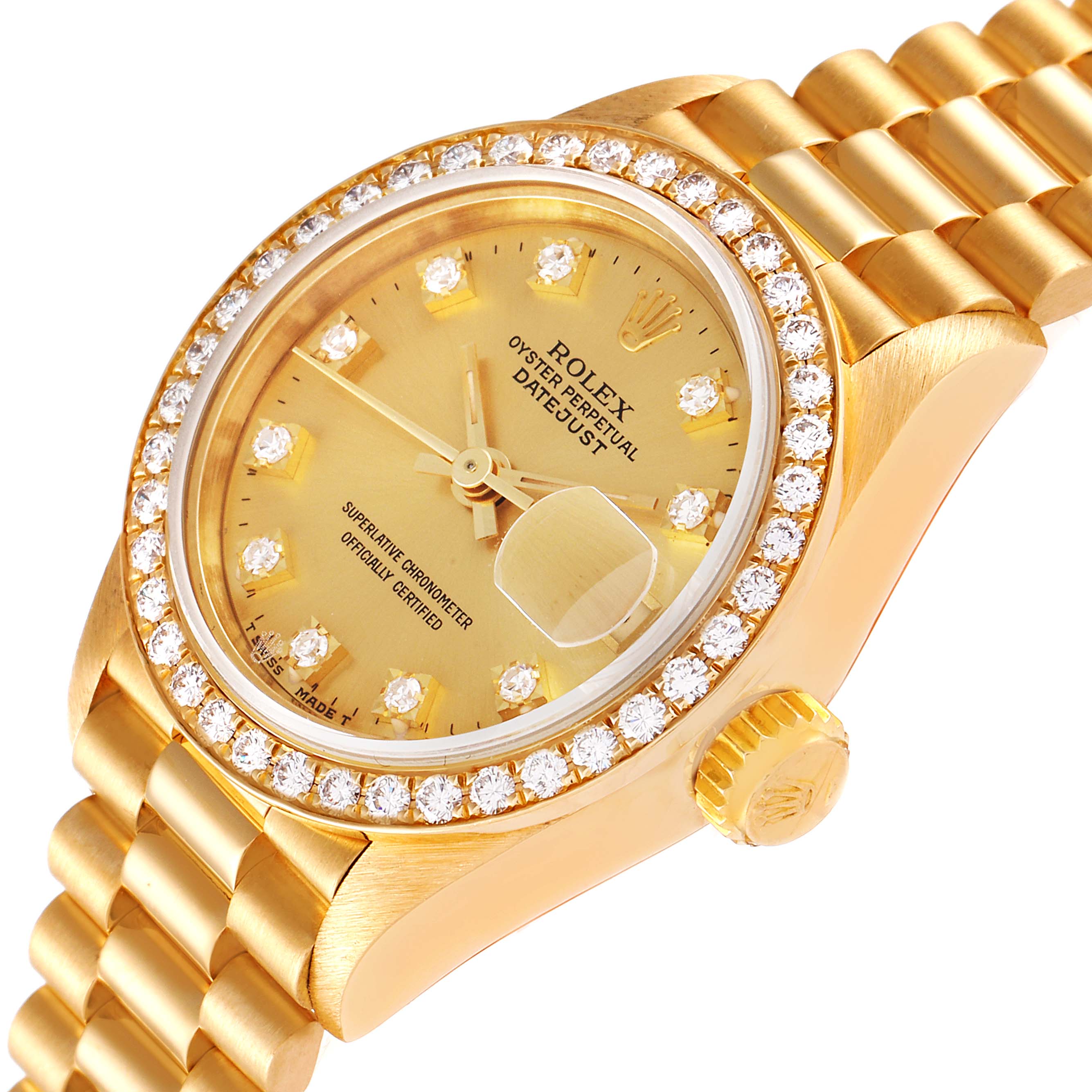 The image shows a close-up of a Rolex President 69138 Women
s Yellow Gold Champagne Dial 69138 Women
s Yellow Gold Champagne Dial model watch, highlighting the face, bezel, and part of the bracelet.