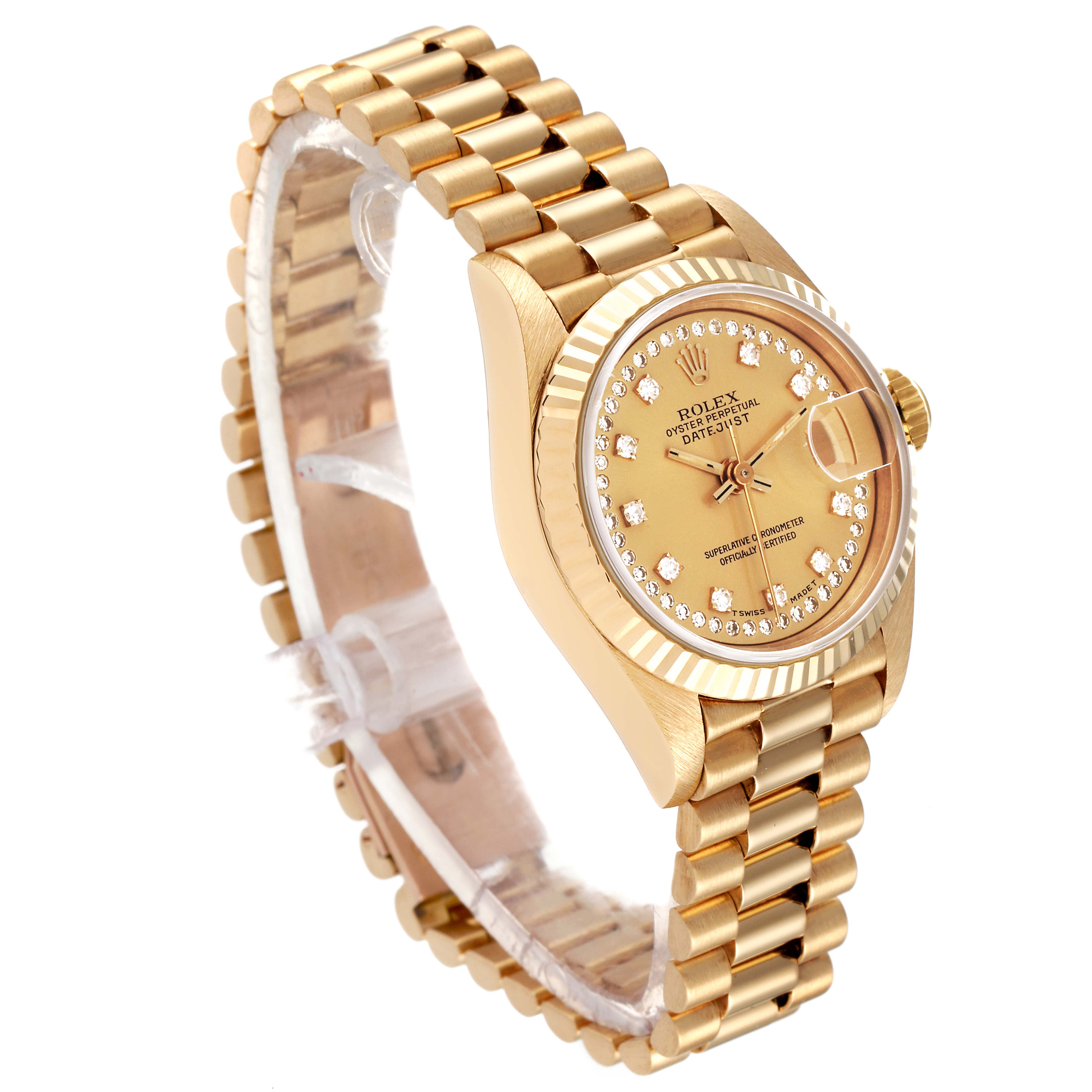 The image shows an angled view of the Rolex President 69178 Women
s Yellow Gold Champagne Dial 69178 Women
s Yellow Gold Champagne Dial model, highlighting the gold watch face, bezel, and bracelet.