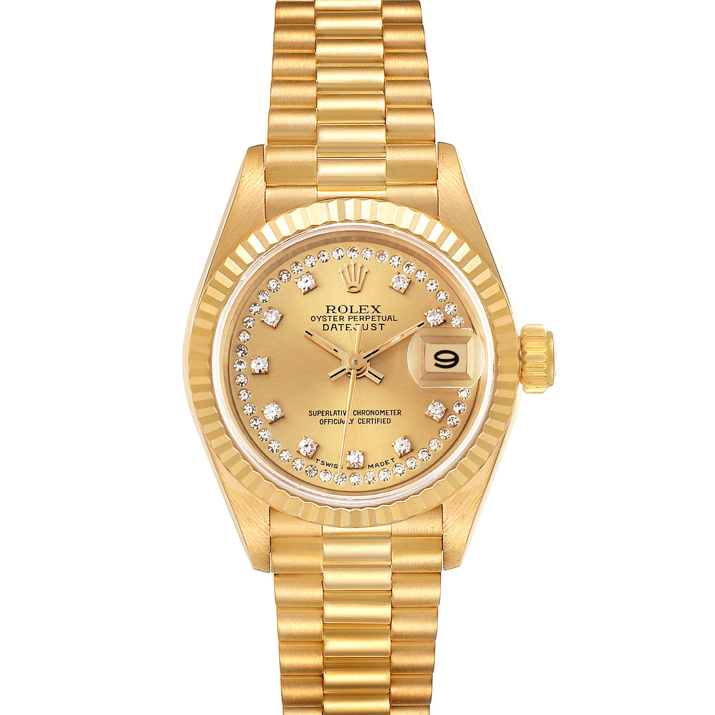 The image shows a frontal view of the Rolex President 69178 Women
s Yellow Gold Champagne Dial 69178 Women
s Yellow Gold Champagne Dial model watch, highlighting the dial, bracelet, date window, and crown.