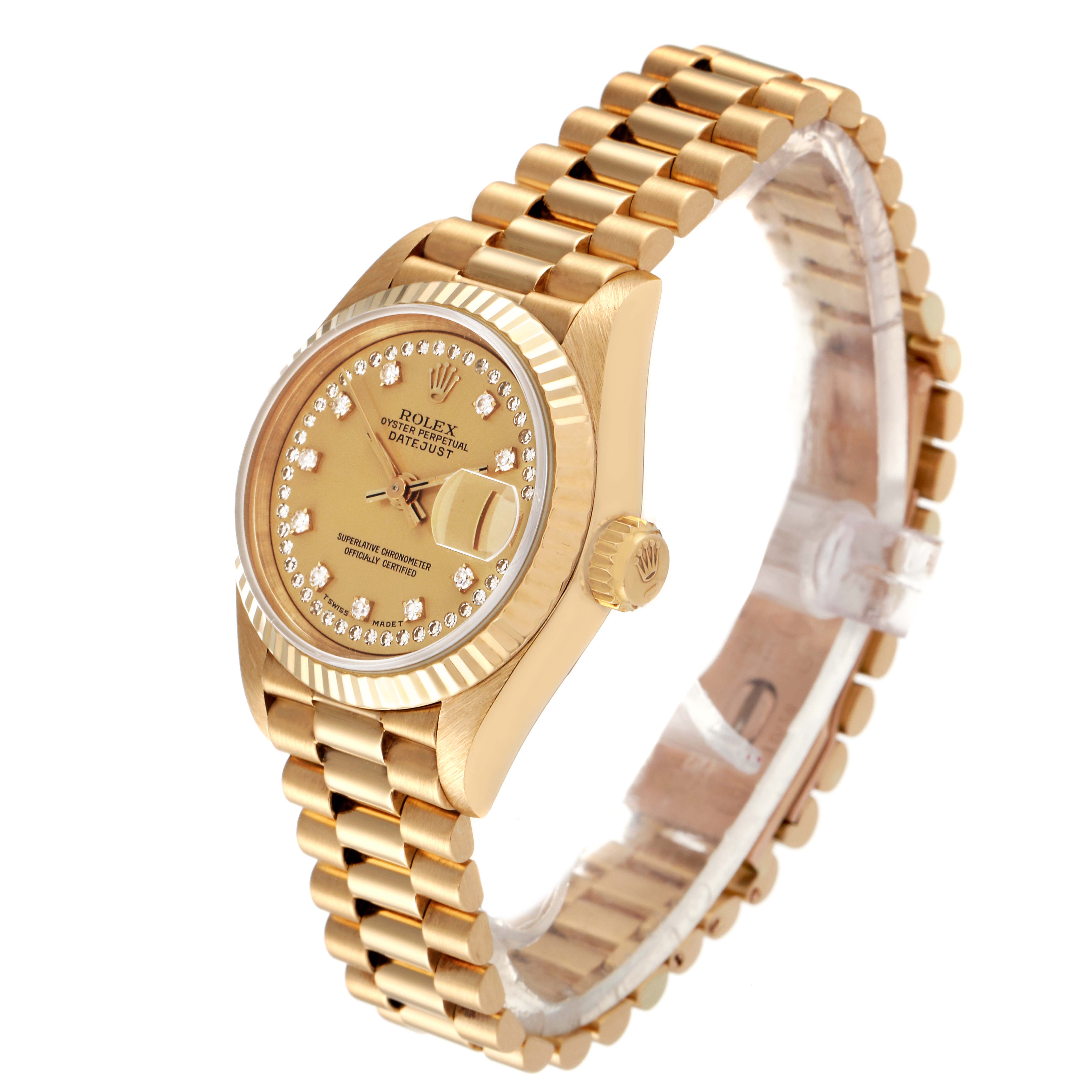The Rolex President 69178 Women
s Yellow Gold Champagne Dial 69178 Women
s Yellow Gold Champagne Dial watch is shown at a three-quarter angle, displaying its gold bracelet, bezel, and diamond-detailed dial.
