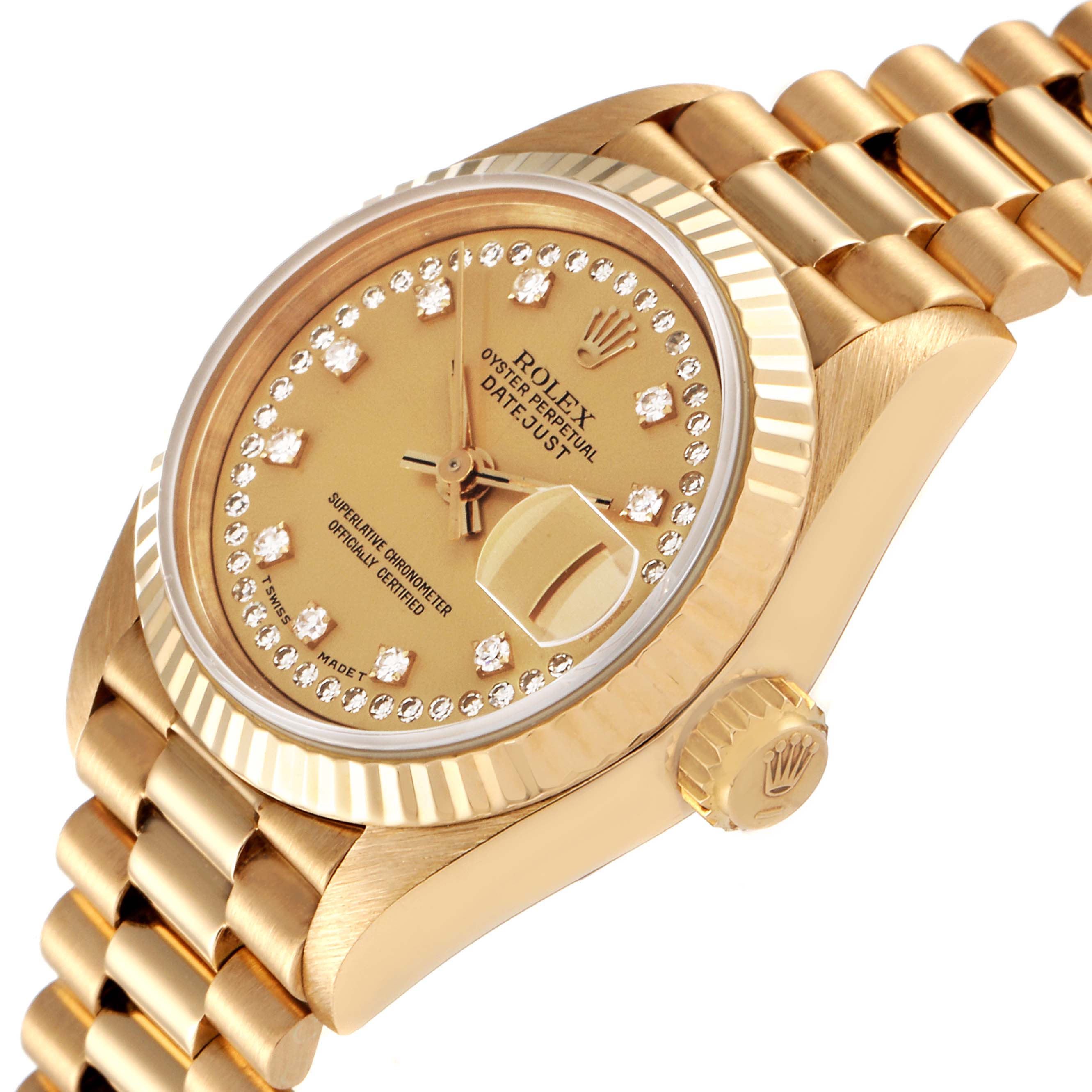 The image shows a close-up of the dial, crown, and bracelet of a Rolex President 69178 Women
s Yellow Gold Champagne Dial 69178 Women
s Yellow Gold Champagne Dial model watch.