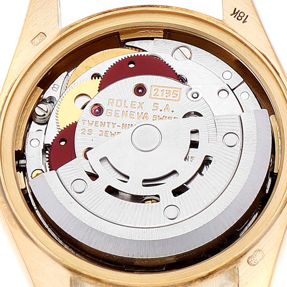 The image shows the movement mechanism of a Rolex President 69178 Women
s Yellow Gold Champagne Dial 69178 Women
s Yellow Gold Champagne Dial model watch, viewed from the back.