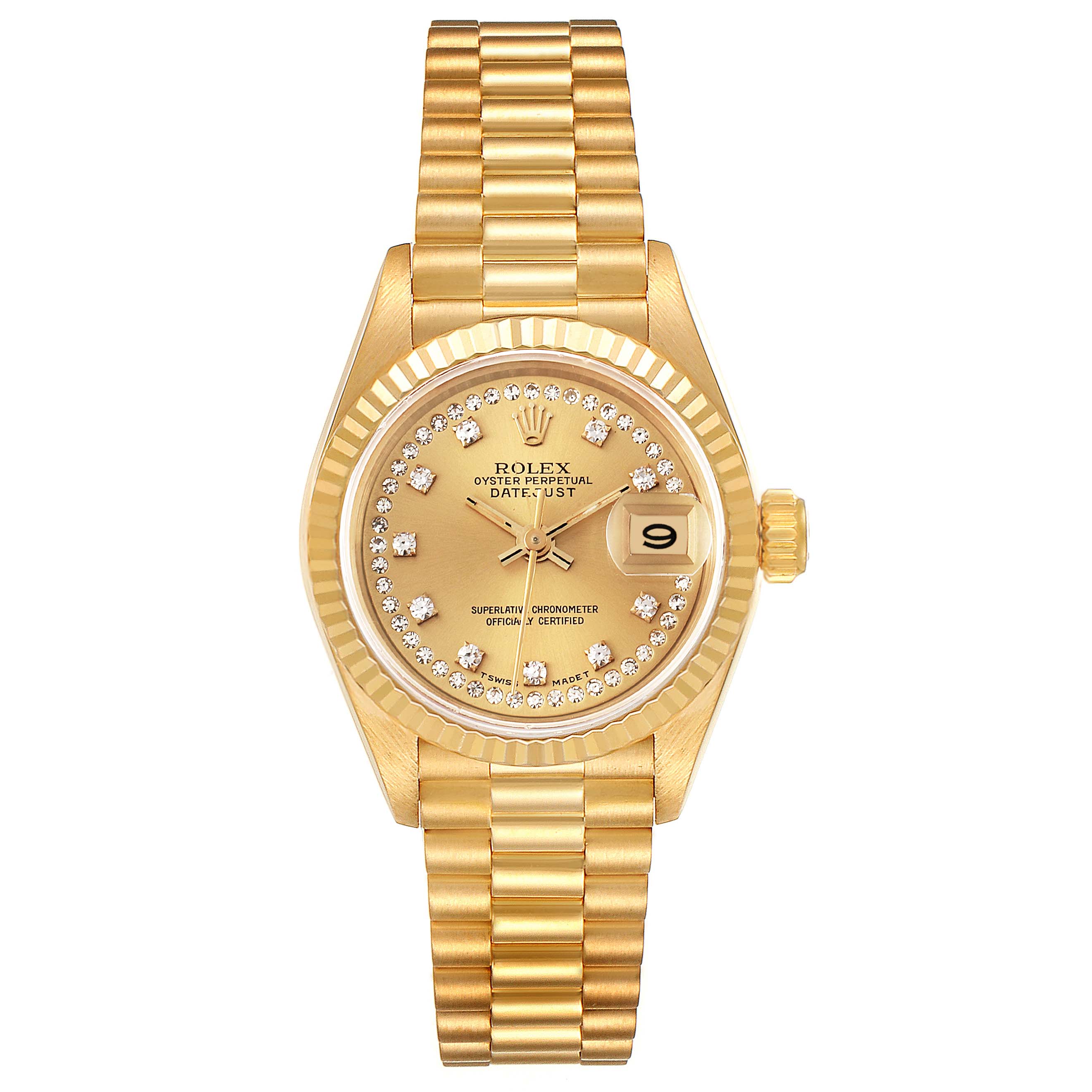 The image shows a frontal view of a gold Rolex President 69178 Women
s Yellow Gold Champagne Dial 69178 Women
s Yellow Gold Champagne Dial model with a diamond-encrusted dial and date window.