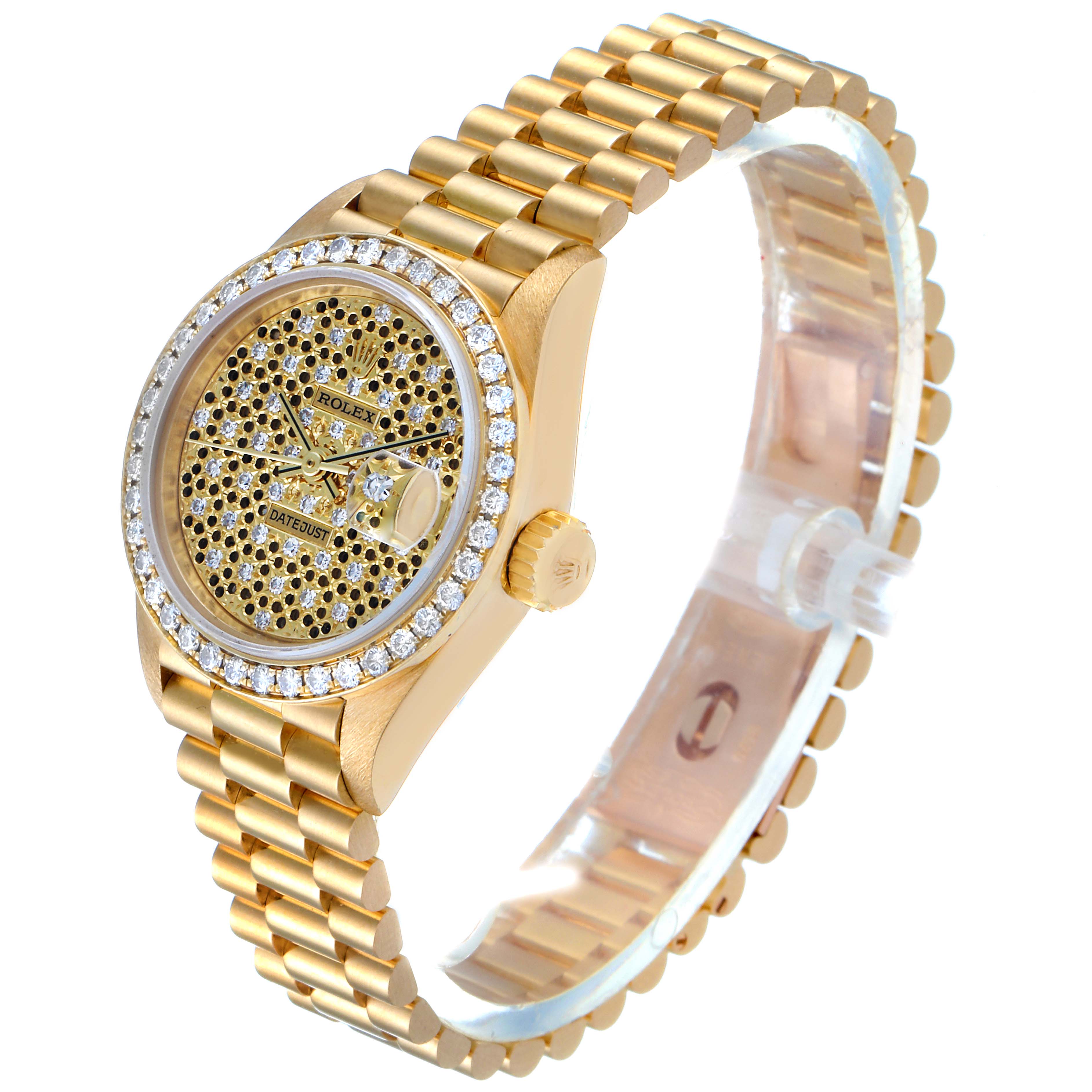 The image shows a Rolex President 69138 Women's Yellow Gold Champagne Dial 69138 Women's Yellow Gold Champagne Dial model watch at a 3/4 angle, displaying its diamond-encrusted dial and bracelet.