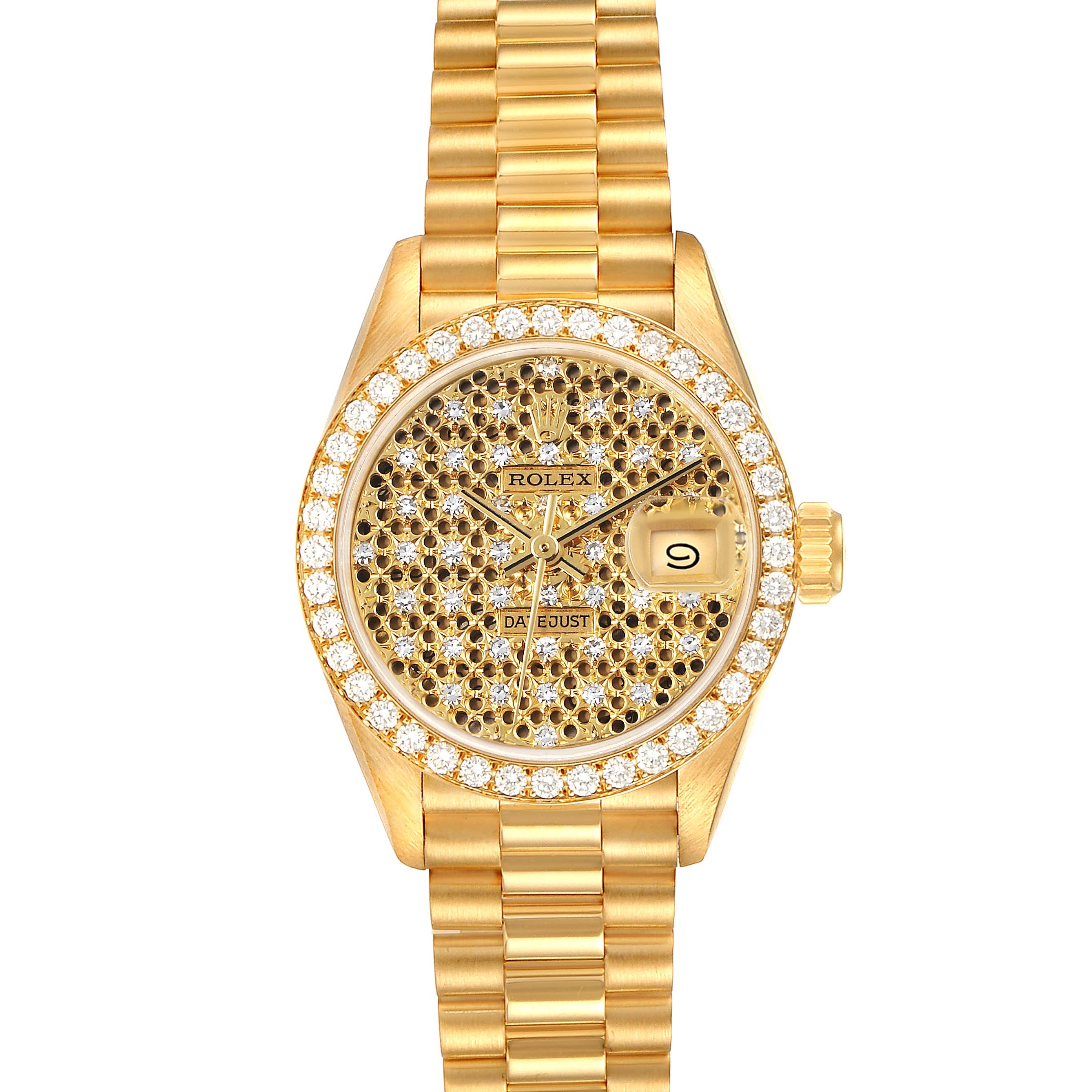 The image shows a Rolex President 69138 Women's Yellow Gold Champagne Dial 69138 Women's Yellow Gold Champagne Dial model watch with a gold bracelet, diamond-studded bezel, and date display.
