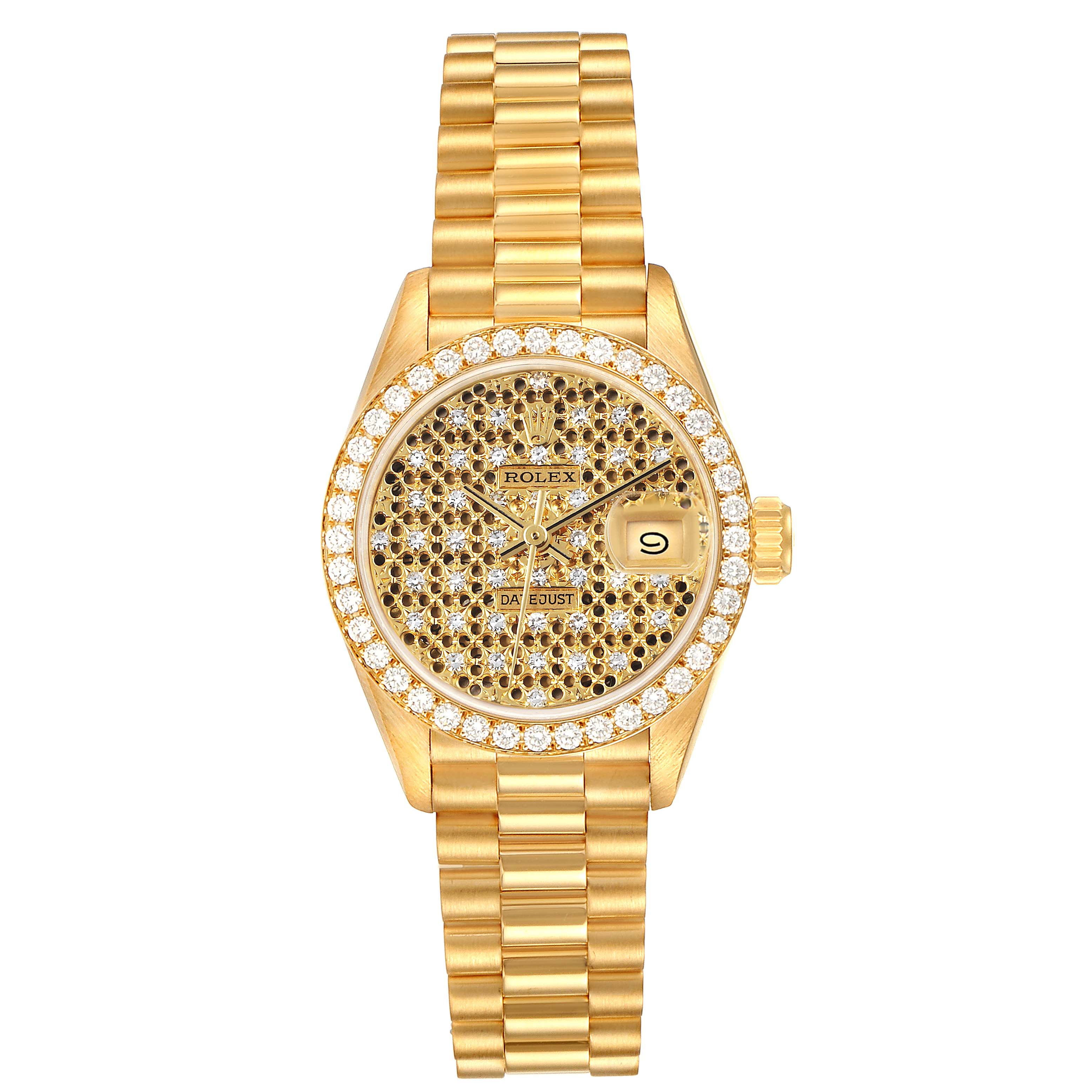 The Rolex President 69138 Women's Yellow Gold Champagne Dial 69138 Women's Yellow Gold Champagne Dial model watch is shown from a top view, featuring a gold and diamond-set bezel, and band.