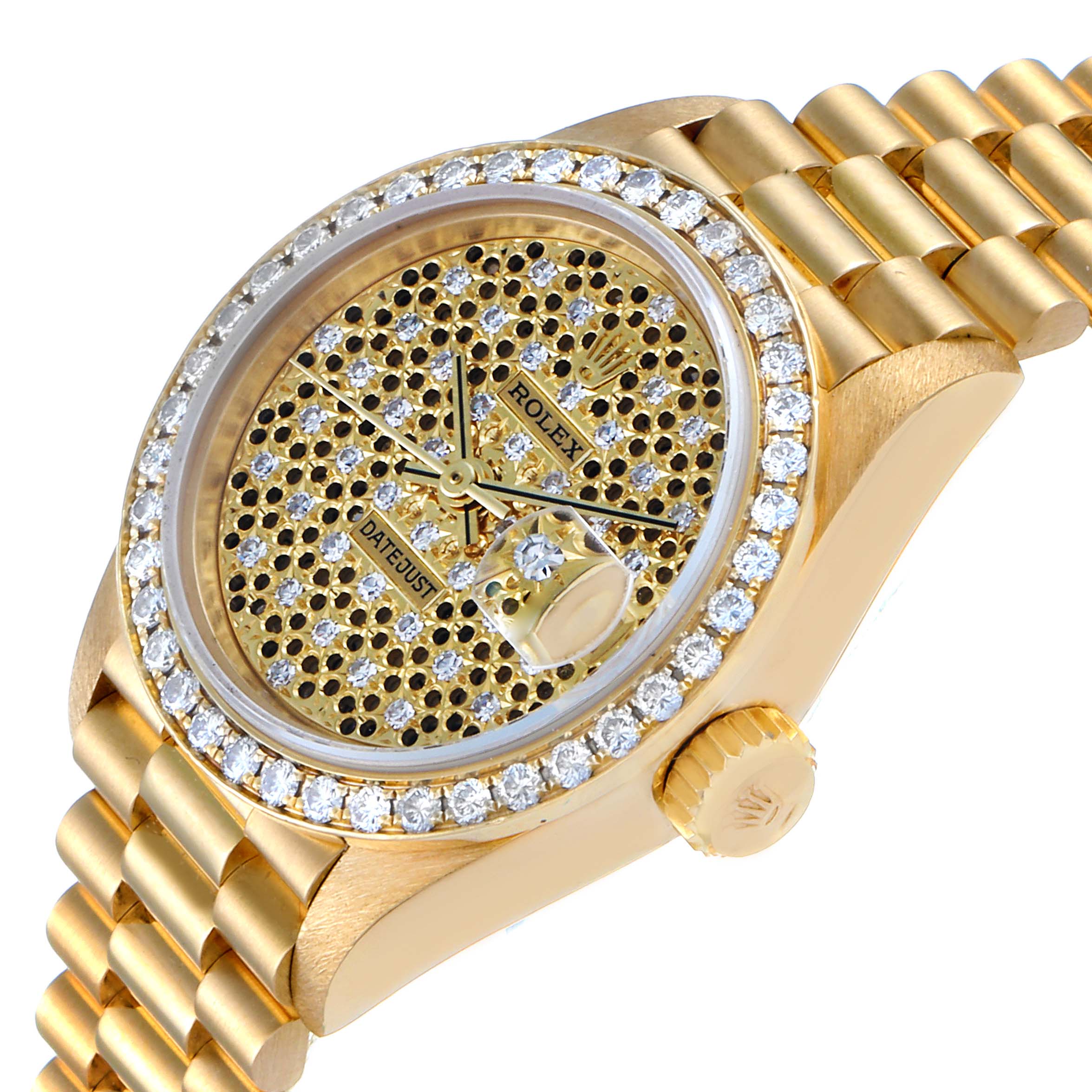 The image shows a close-up angle of the Rolex President 69138 Women's Yellow Gold Champagne Dial 69138 Women's Yellow Gold Champagne Dial model watch, highlighting its gold bracelet, diamond-studded bezel, and detailed dial.