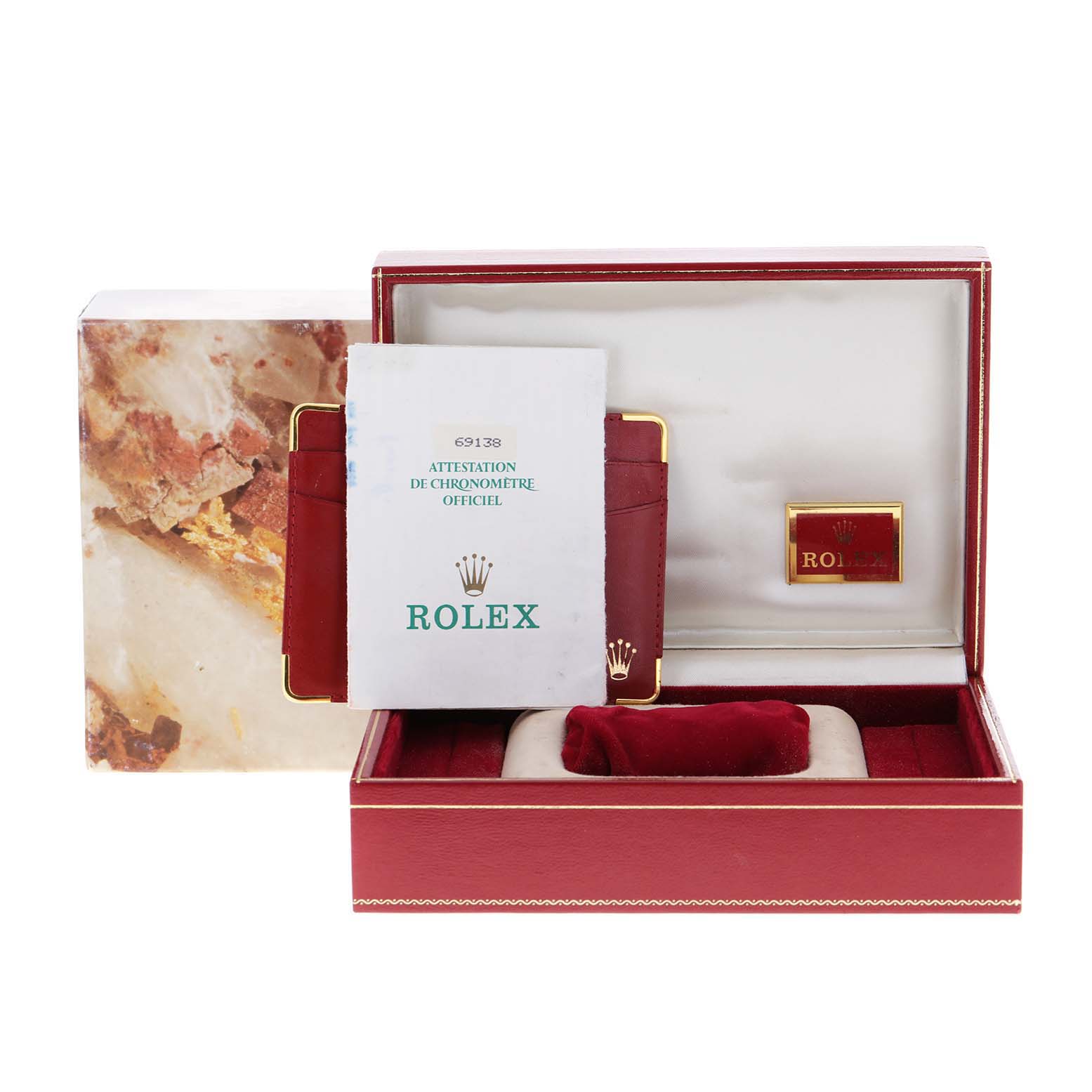 The image shows a Rolex President 69138 Women's Yellow Gold Champagne Dial 69138 Women's Yellow Gold Champagne Dial model watch box, certificate, and accessories from a front angle.