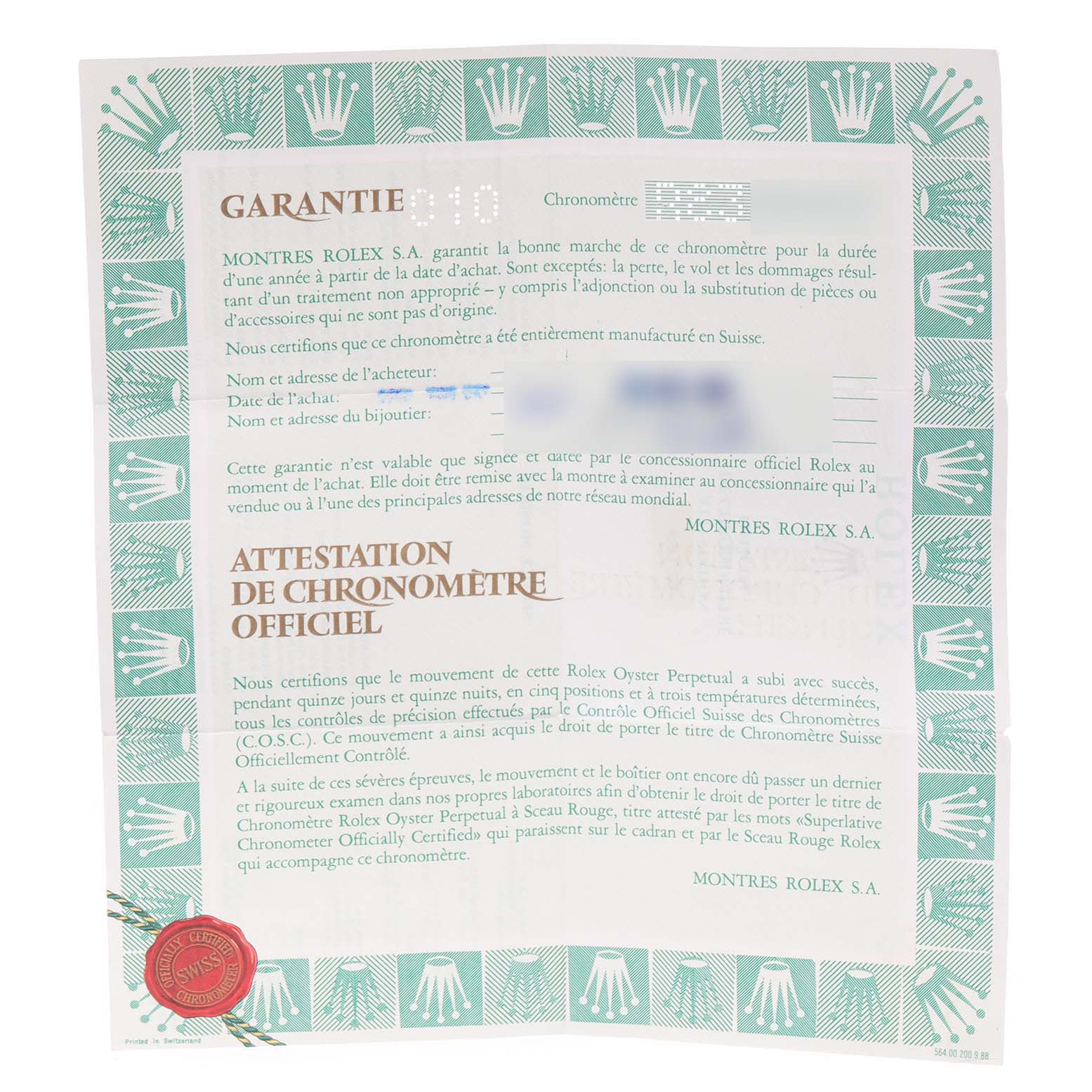 The image shows a warranty certificate for the Rolex President 69138 Women's Yellow Gold Champagne Dial 69138 Women's Yellow Gold Champagne Dial model watch.