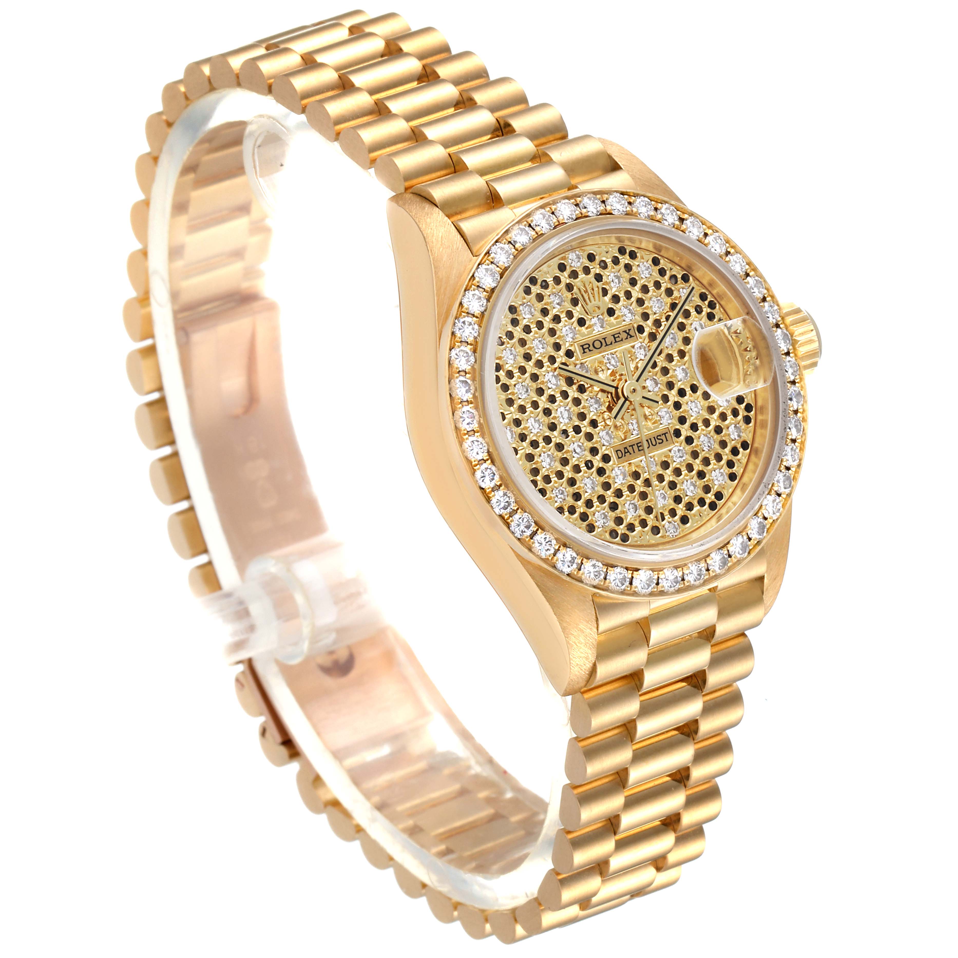 This image shows a Rolex President 69138 Women's Yellow Gold Champagne Dial 69138 Women's Yellow Gold Champagne Dial model watch from a front angle, highlighting its golden bracelet, diamond bezel, and patterned dial.