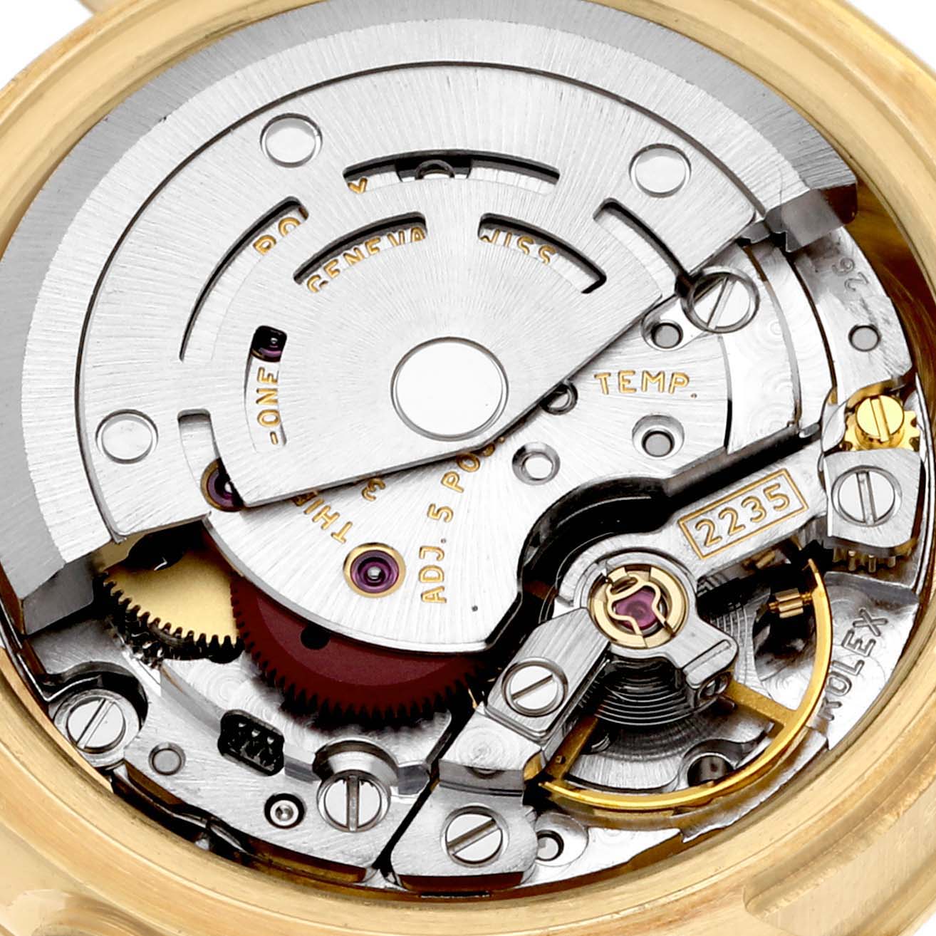 The image shows the intricate inner mechanical movement of a Rolex President 179158 Women's Yellow Gold Champagne Dial 179158 Women's Yellow Gold Champagne Dial watch from a close-up, top-down angle.