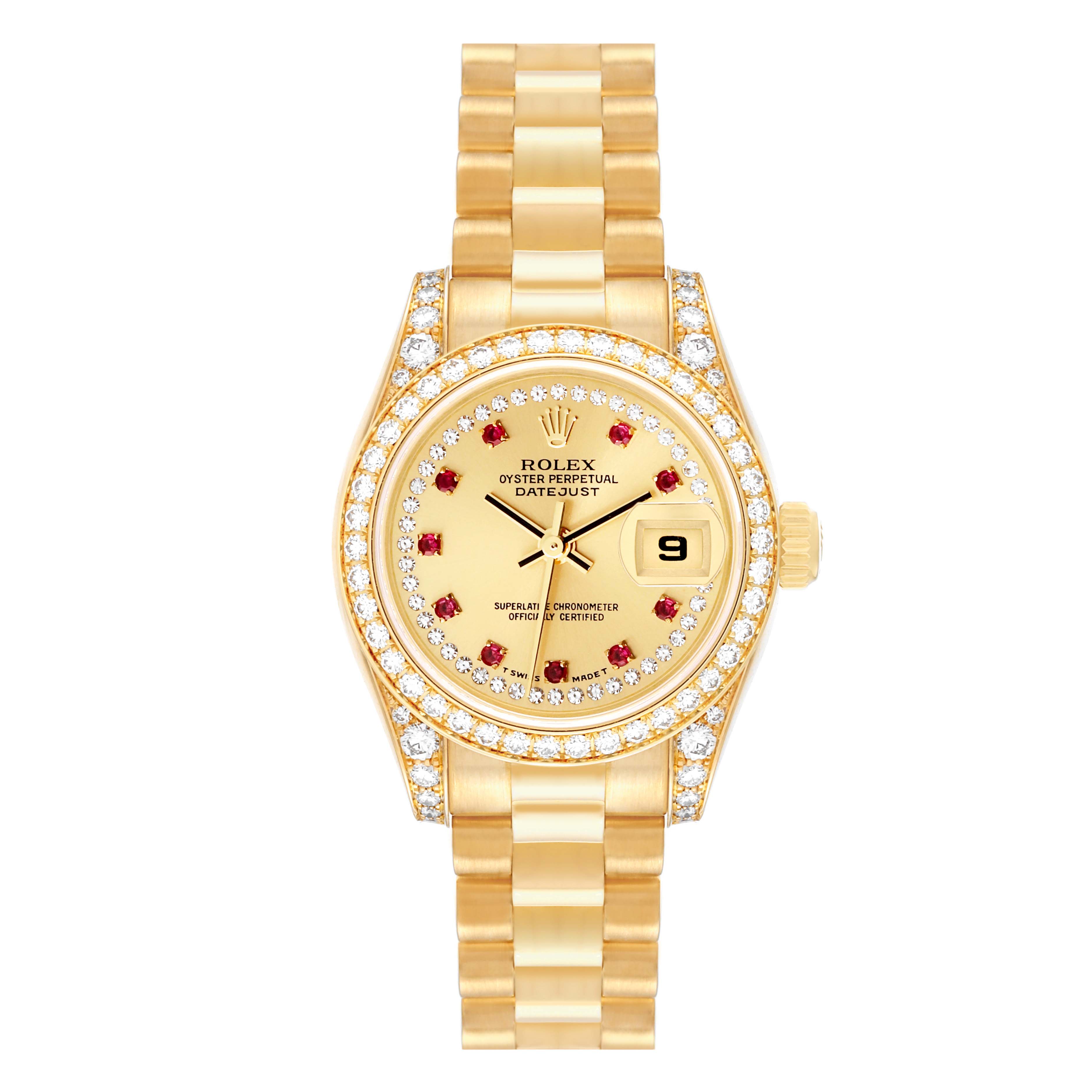 The Rolex President 179158 Women's Yellow Gold Champagne Dial 179158 Women's Yellow Gold Champagne Dial model watch is shown from a top-down angle, highlighting the gold bracelet, diamond bezel, and dial with date display.