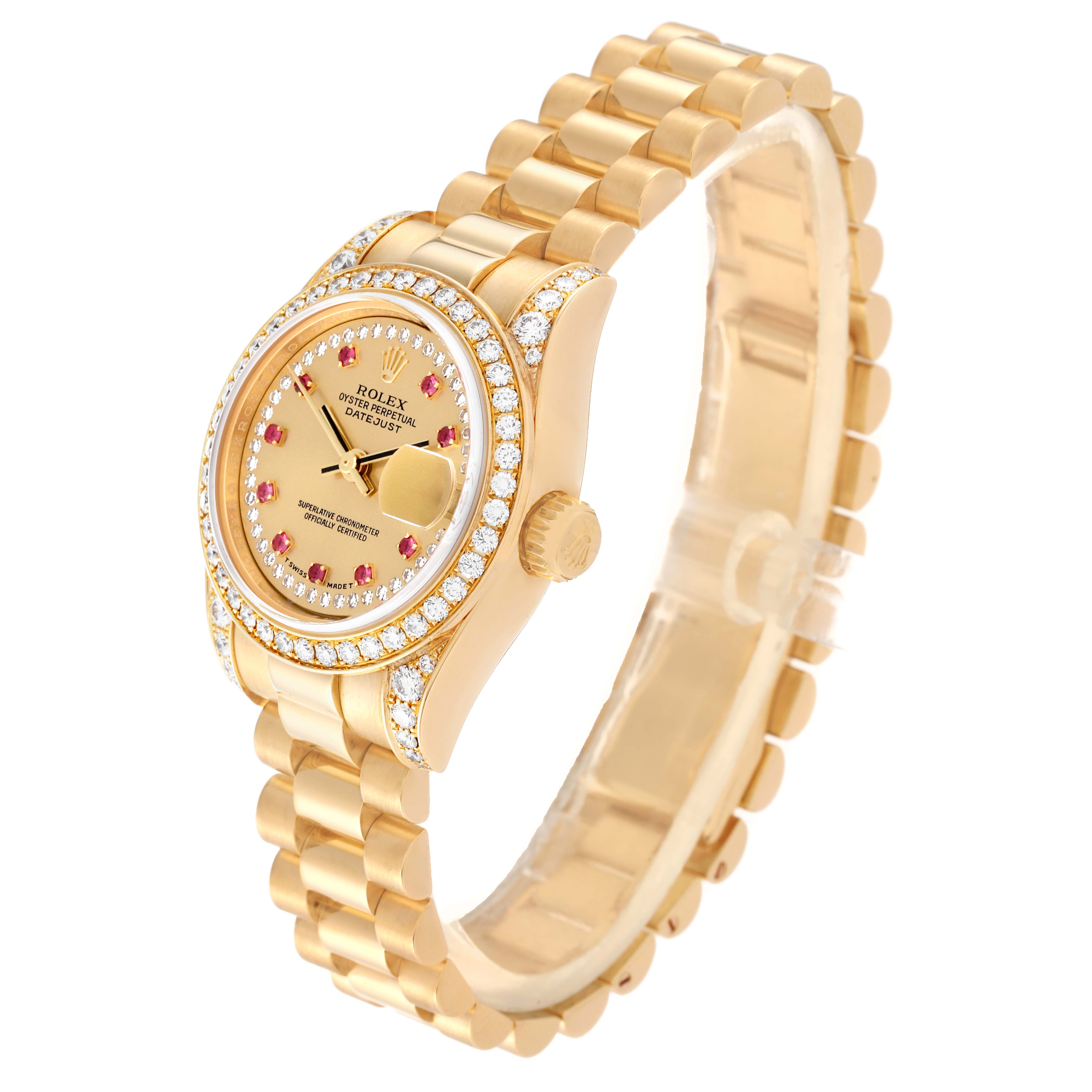 The Rolex President 179158 Women's Yellow Gold Champagne Dial 179158 Women's Yellow Gold Champagne Dial model watch is shown at an oblique angle highlighting its gold case, bezel, bracelet, and crown details.