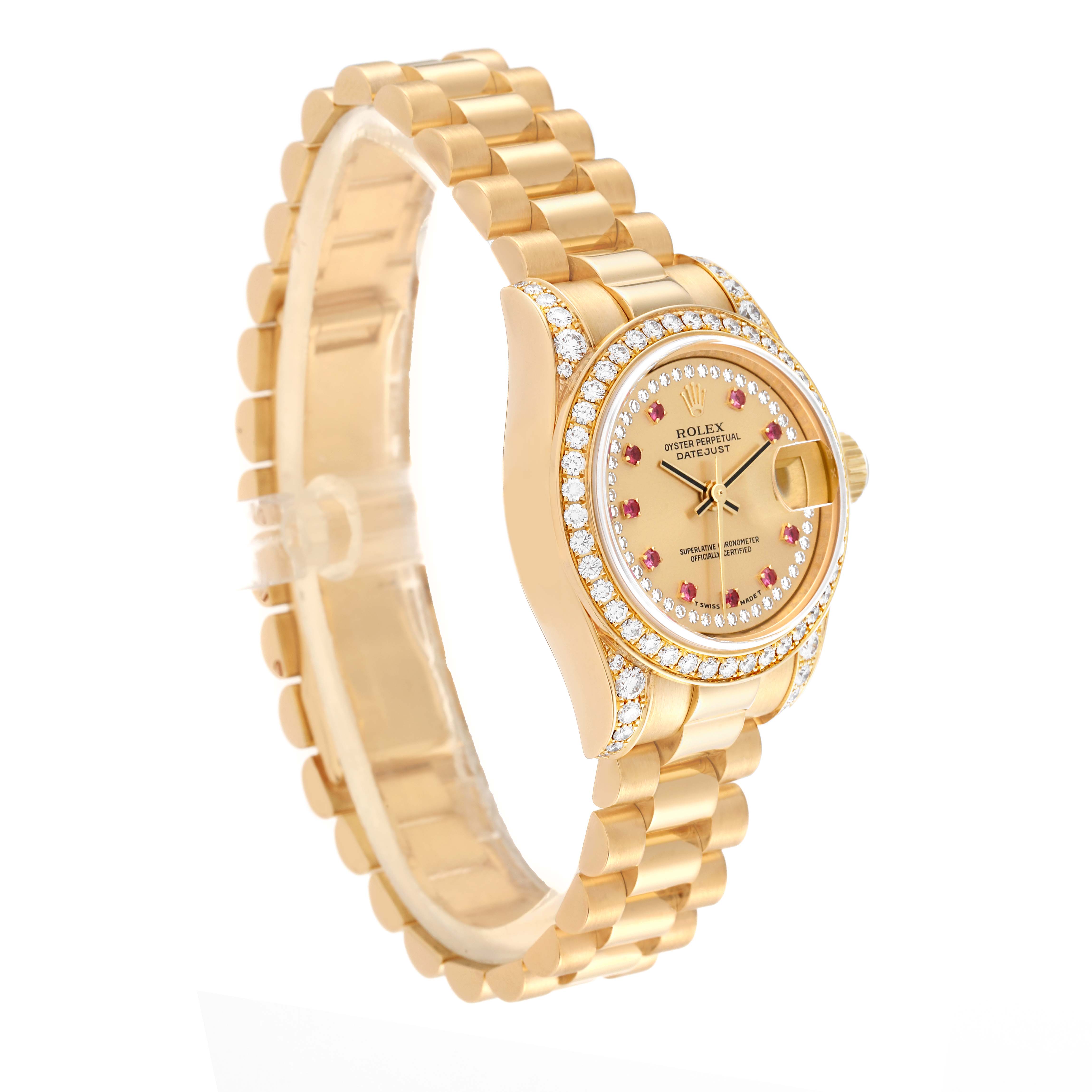 This image shows a side angled view of the Rolex President 179158 Women's Yellow Gold Champagne Dial 179158 Women's Yellow Gold Champagne Dial model watch, highlighting its gold band and jeweled bezel.