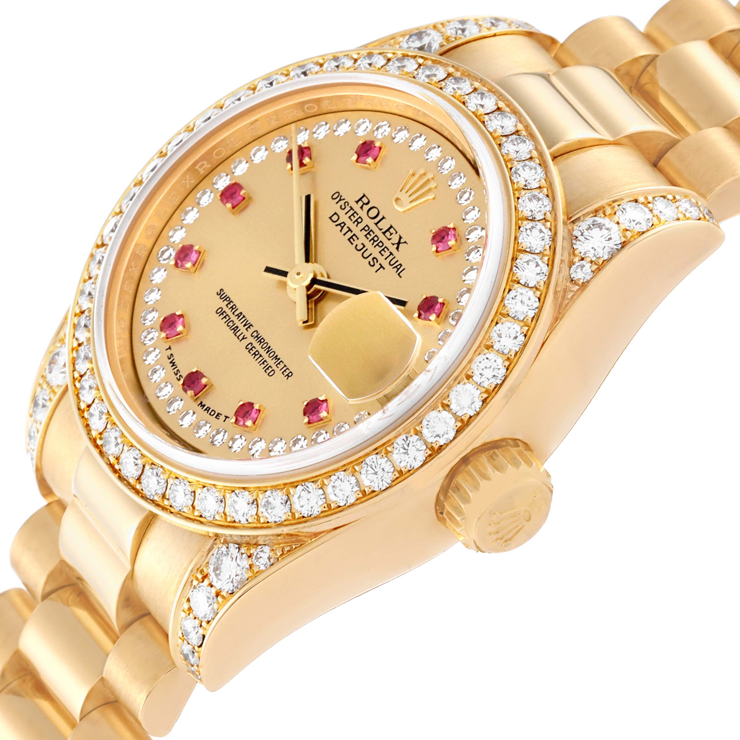 This Rolex President 179158 Women's Yellow Gold Champagne Dial 179158 Women's Yellow Gold Champagne Dial model watch is shown at an angle displaying the dial, bezel, crown, and part of the bracelet.