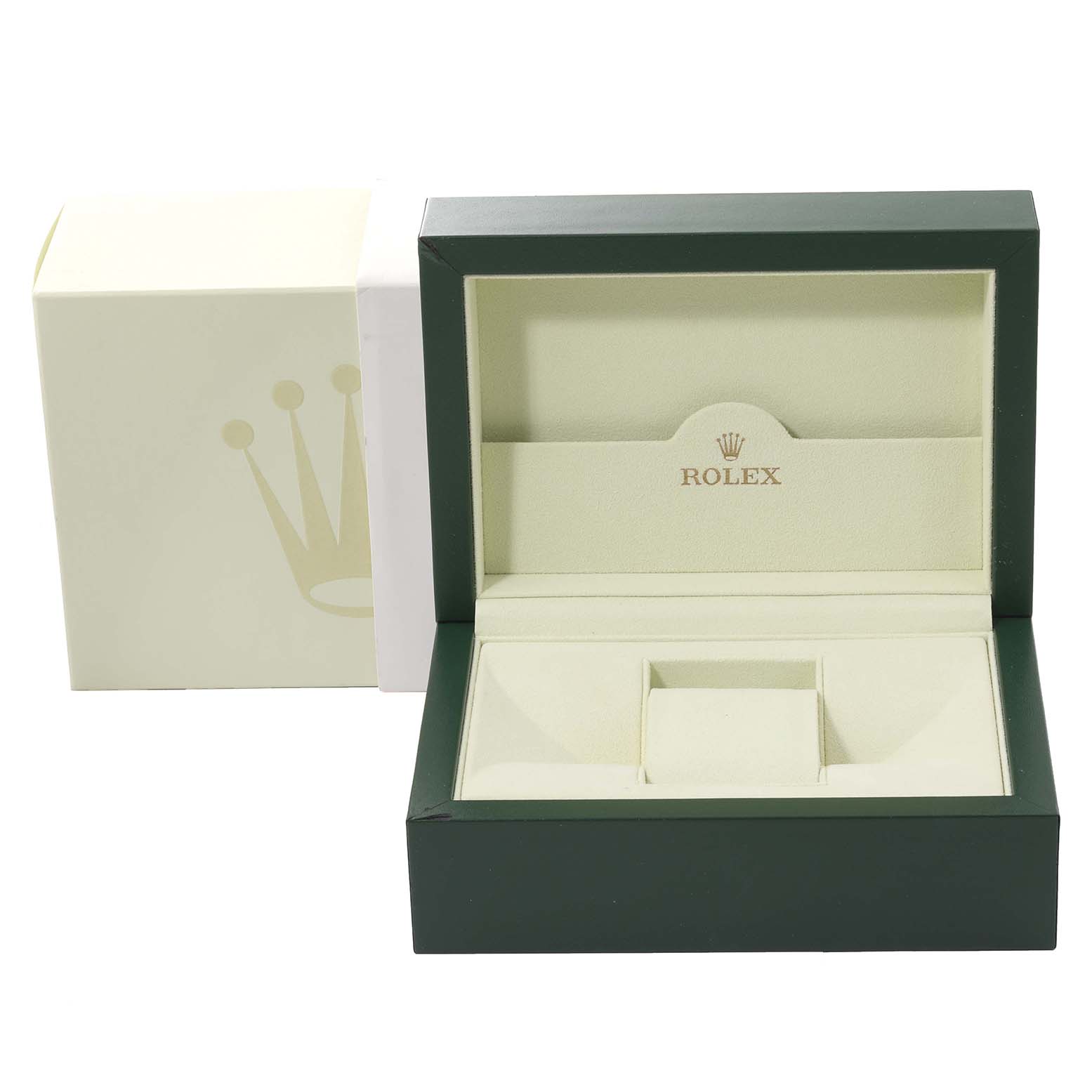 The image shows a Rolex President 179158 Women's Yellow Gold Champagne Dial 179158 Women's Yellow Gold Champagne Dial model watch box and inner cushion, viewed from the front.