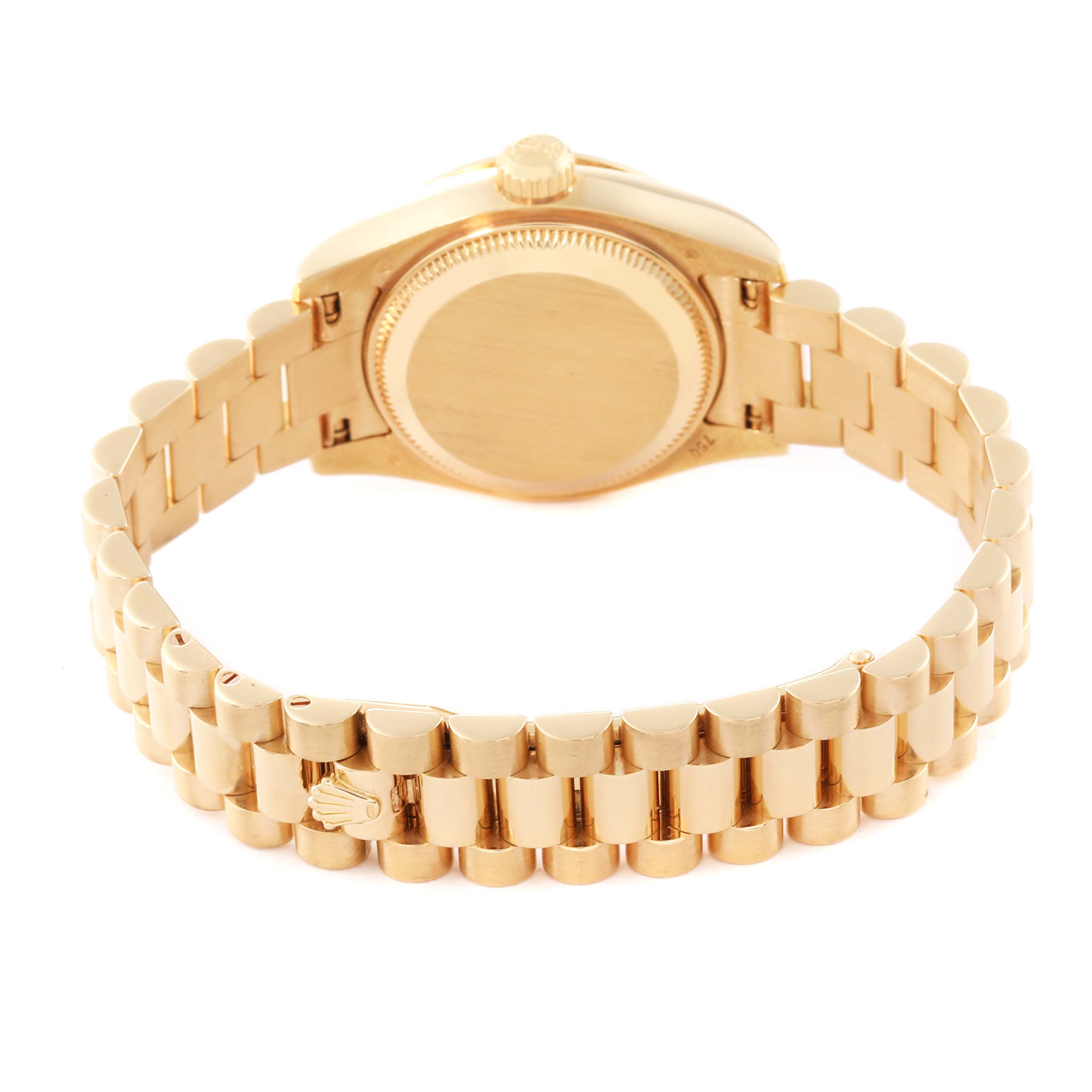 The image shows the back of a Rolex President 179158 Women's Yellow Gold Champagne Dial 179158 Women's Yellow Gold Champagne Dial model watch, highlighting its clasp and bracelet.