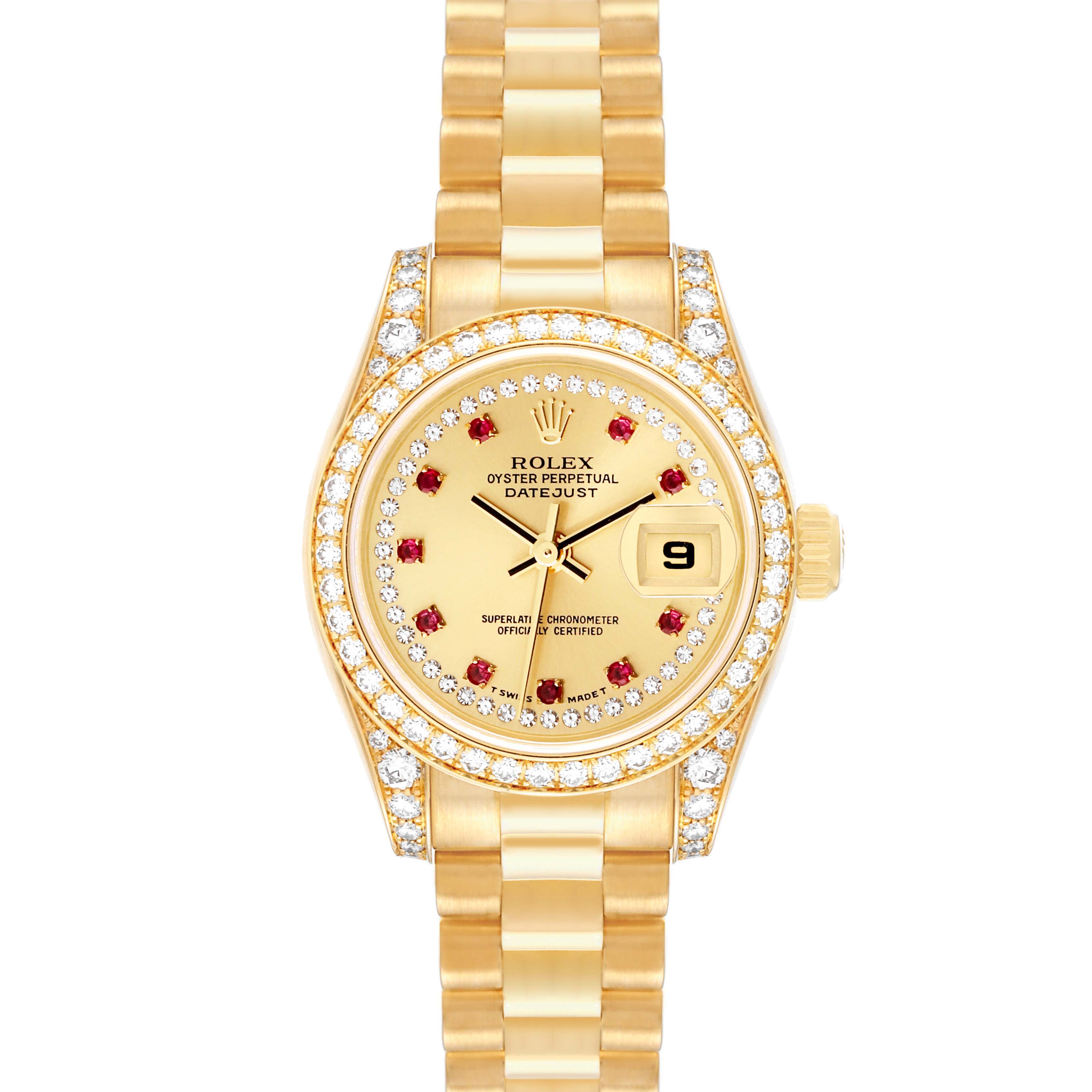 The image shows a top view of a Rolex President 179158 Women's Yellow Gold Champagne Dial 179158 Women's Yellow Gold Champagne Dial model watch featuring a gold band, and ruby indices, with a fluted diamond bezel.