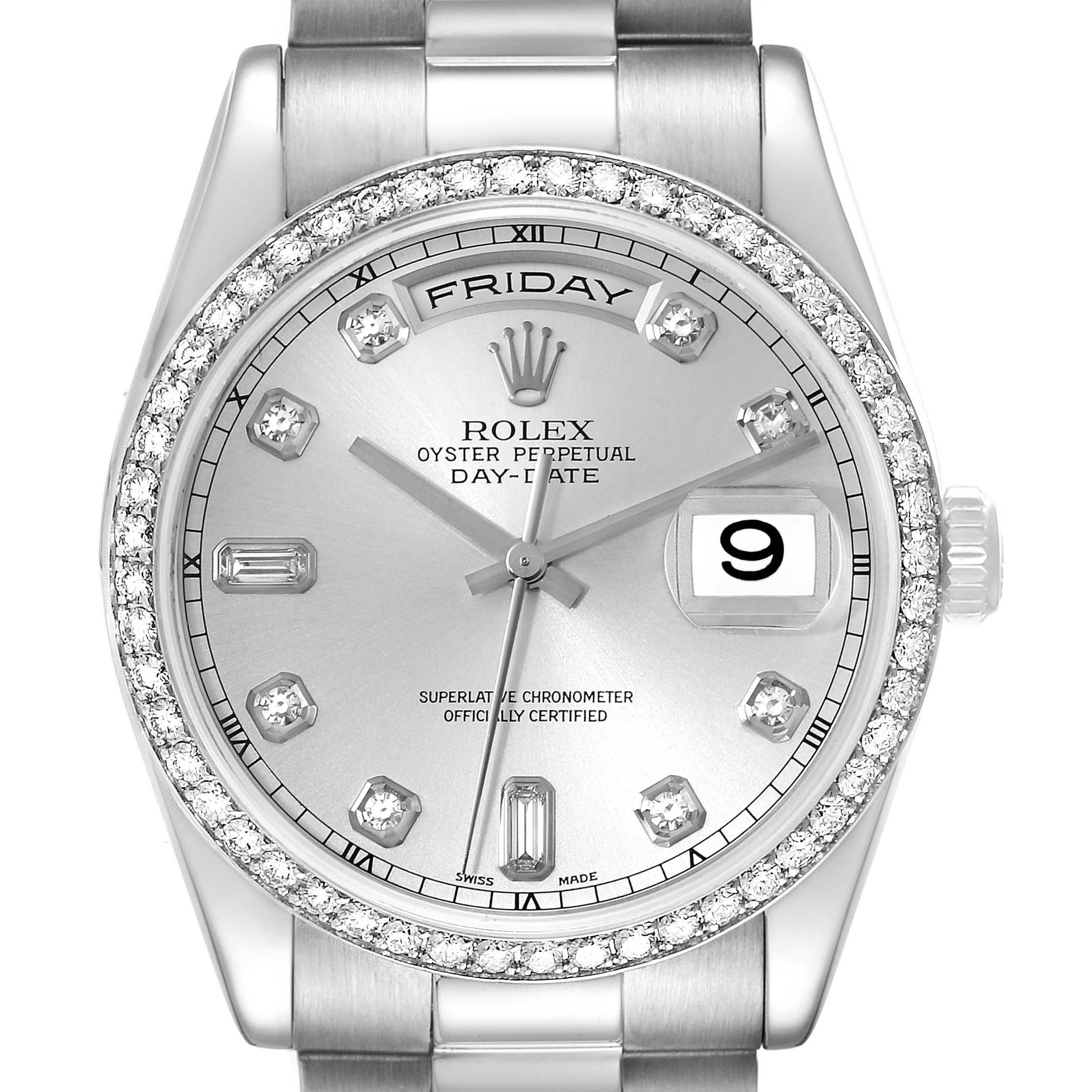 The image shows the dial, bezel, and part of the bracelet of a Rolex President 118346 Men
s Platinum Silver Dial 118346 Men
s Platinum Silver Dial model watch, featuring a day and date display.