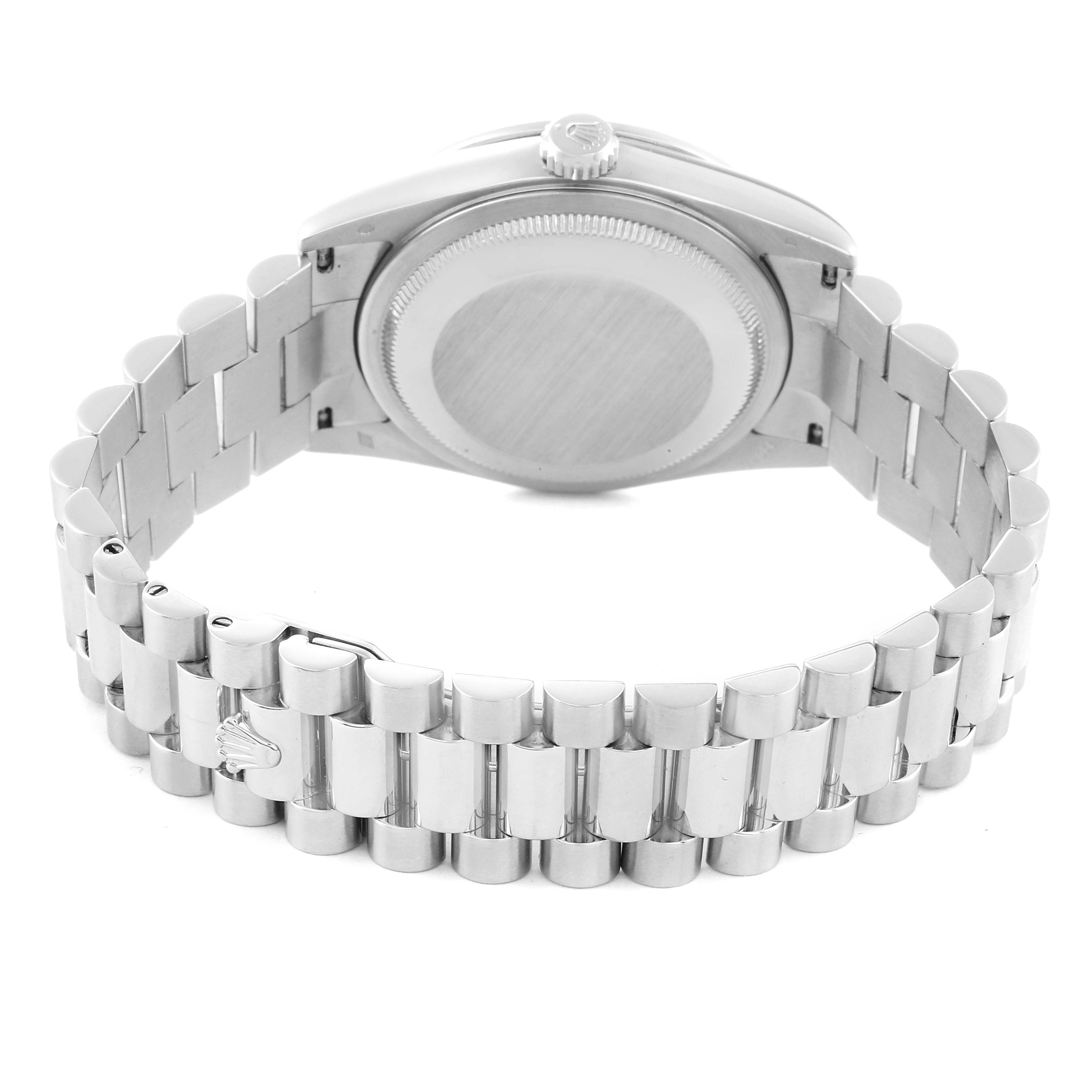 The image shows the back case and bracelet of a Rolex President 118346 Men
s Platinum Silver Dial 118346 Men
s Platinum Silver Dial model watch from a rear angle.