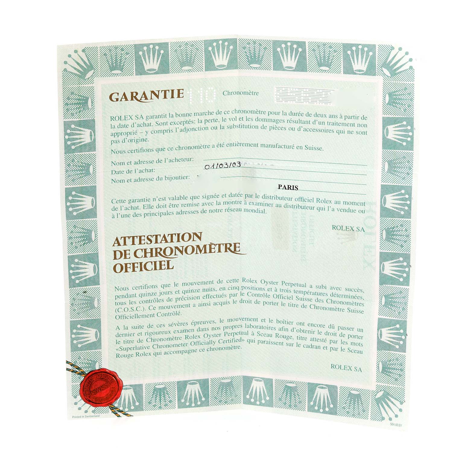 This image shows the official warranty and chronometer certificate for a Rolex President 118346 Men
s Platinum Silver Dial 118346 Men
s Platinum Silver Dial model watch.