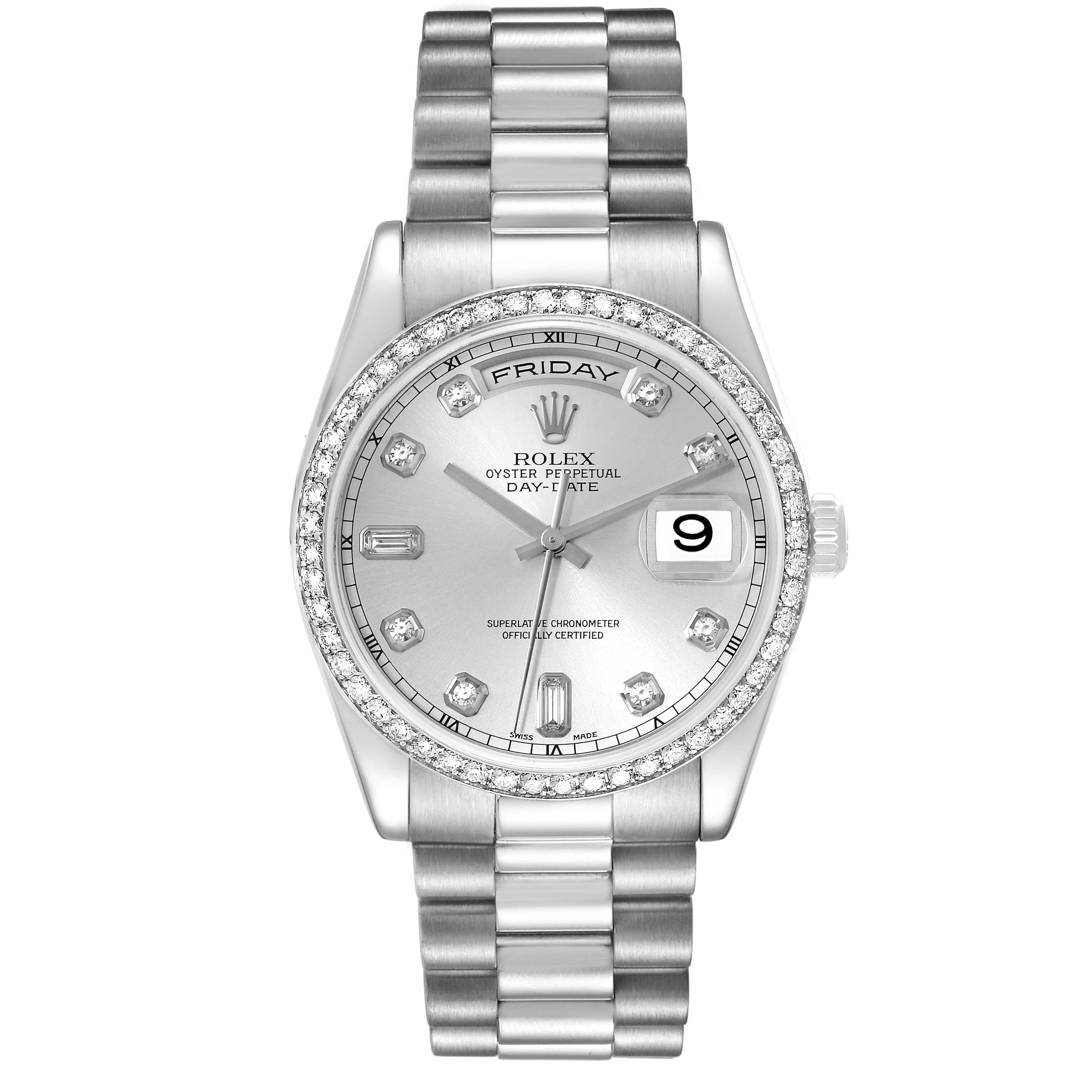 The Rolex President 118346 Men
s Platinum Silver Dial 118346 Men
s Platinum Silver Dial watch is shown from a front view, displaying its dial, bezel, bracelet, and crown.