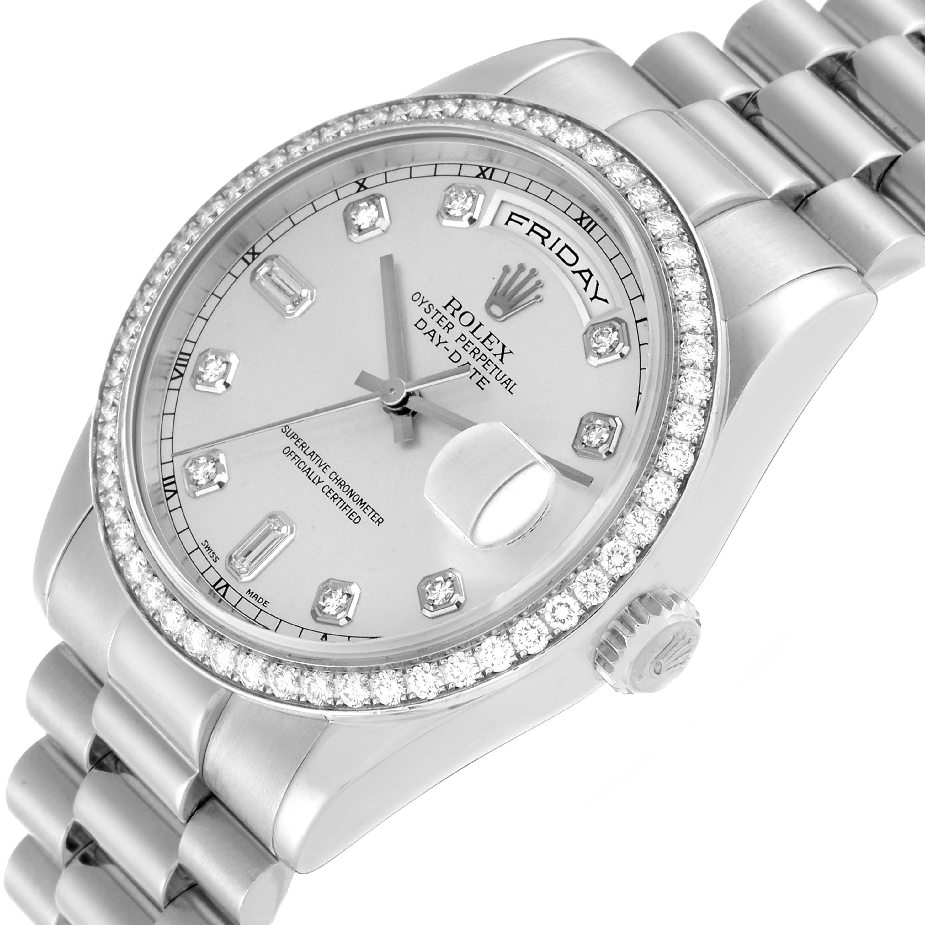 The image shows a partially angled view of the Rolex President 118346 Men
s Platinum Silver Dial 118346 Men
s Platinum Silver Dial model watch, highlighting its dial, bezel, and part of the bracelet.