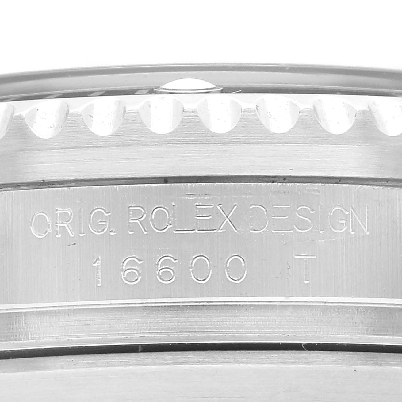 The image shows a close-up of the case side edge of a Rolex Sea-Dweller 16600 Men
s Stainless Steel Black Dial 16600 Men
s Stainless Steel Black Dial, featuring the model engraving.