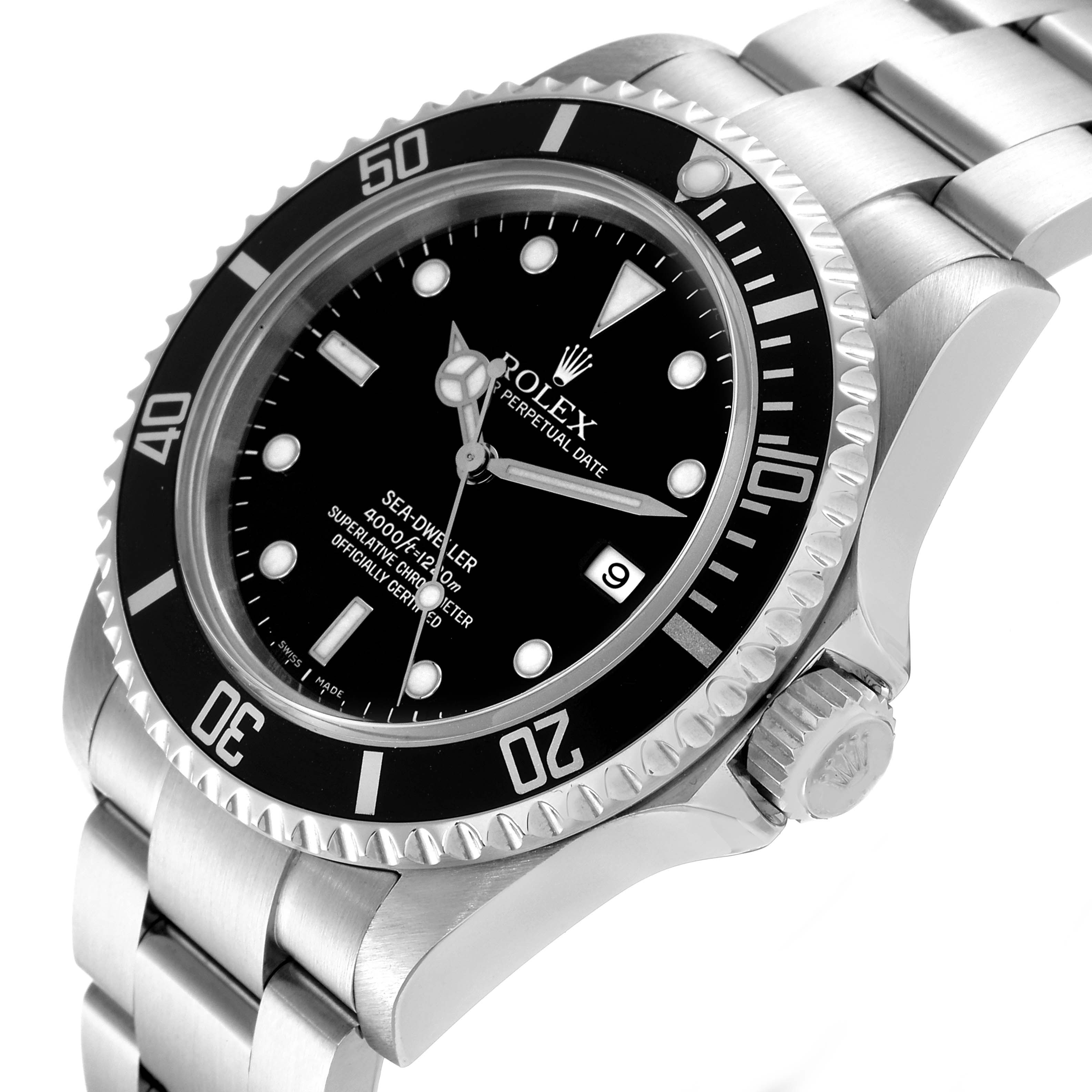 This image shows a side angle view of the Rolex Sea-Dweller 16600 Men
s Stainless Steel Black Dial 16600 Men
s Stainless Steel Black Dial watch, highlighting the face, bezel, crown, and part of the bracelet.