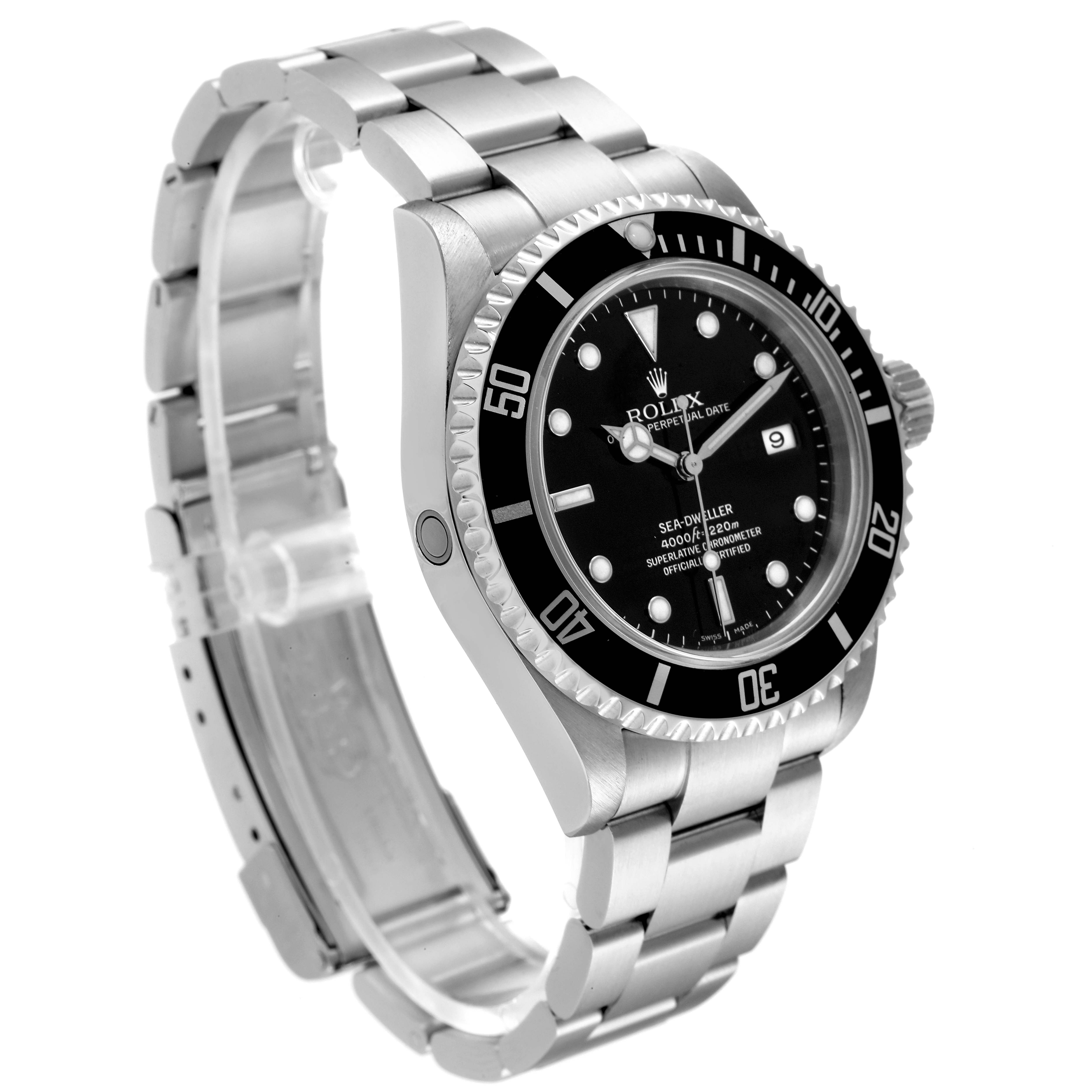 The image shows a side angle view of the Rolex Sea-Dweller 16600 Men
s Stainless Steel Black Dial 16600 Men
s Stainless Steel Black Dial with a clear view of its bezel, dial, and stainless steel bracelet.