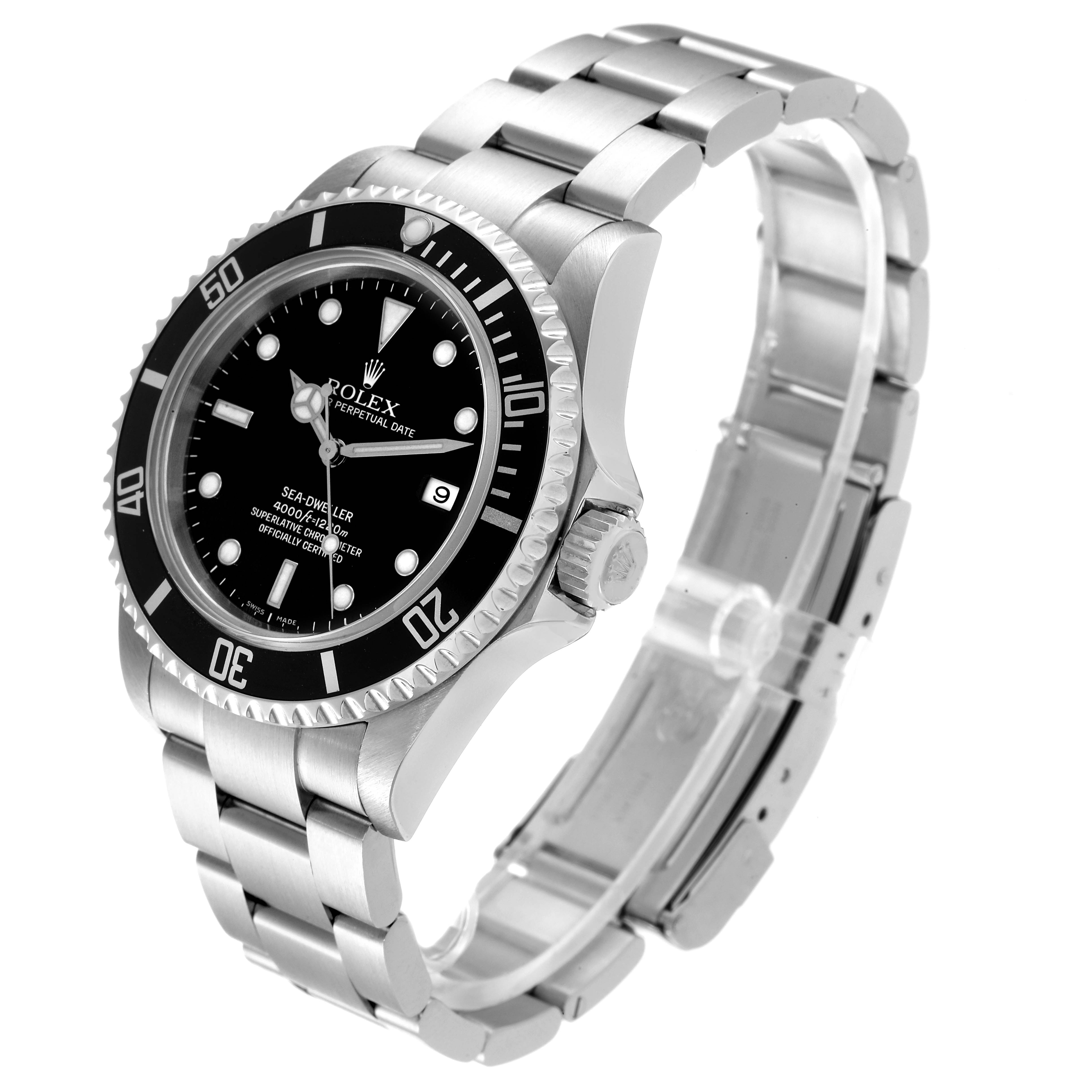The Rolex Sea-Dweller 16600 Men
s Stainless Steel Black Dial 16600 Men
s Stainless Steel Black Dial watch is shown at a 3/4 angle, displaying the face, bezel, crown, and bracelet.