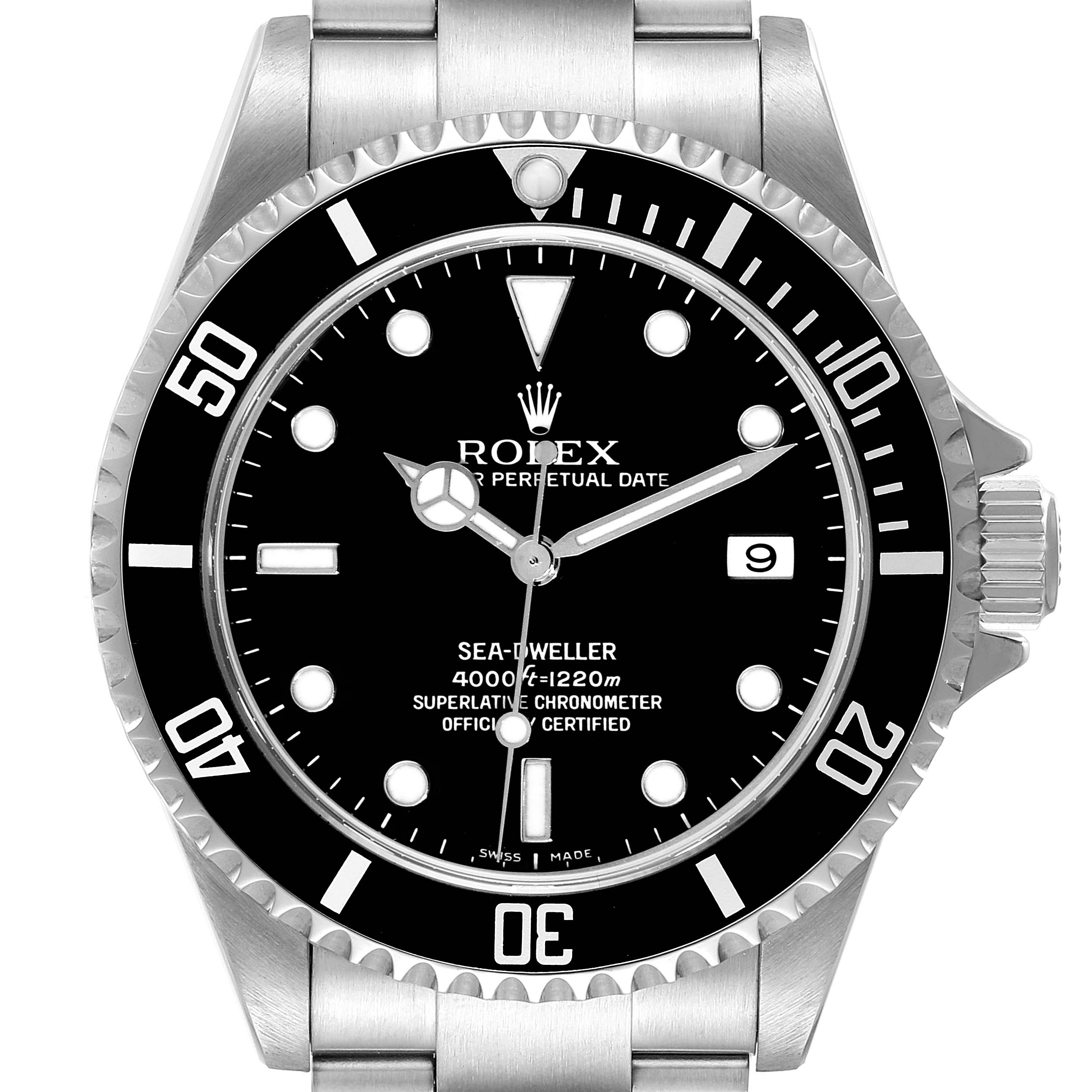 The image shows a front-facing view of a Rolex Sea-Dweller 16600 Men
s Stainless Steel Black Dial 16600 Men
s Stainless Steel Black Dial watch, highlighting the dial, bezel, and part of the bracelet.