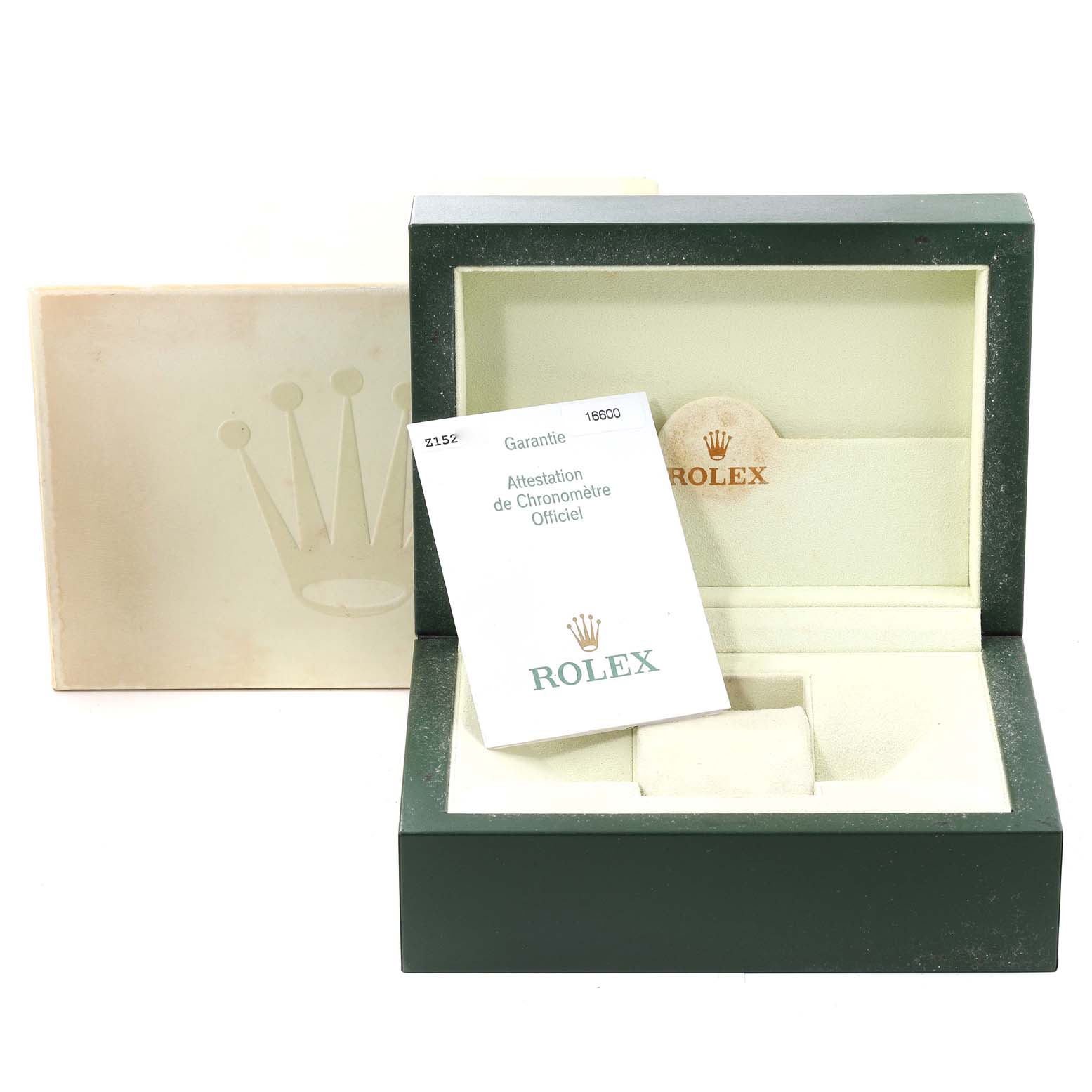 The image shows the open packaging box and documentation for the Rolex Sea-Dweller 16600 Men
s Stainless Steel Black Dial 16600 Men
s Stainless Steel Black Dial model watch.