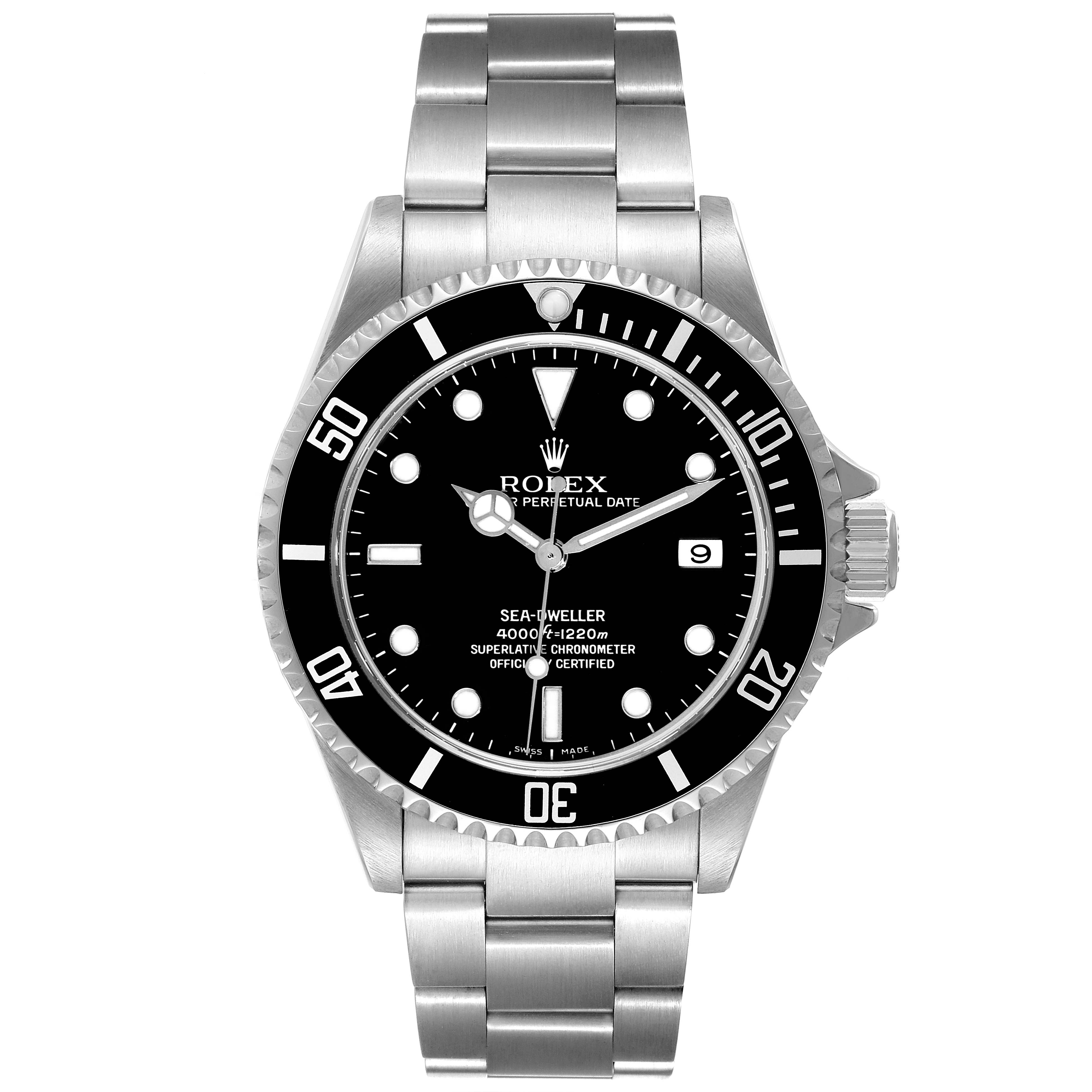 This Rolex Sea-Dweller 16600 Men
s Stainless Steel Black Dial 16600 Men
s Stainless Steel Black Dial watch is shown from a front angle, displaying the face, bezel, and stainless steel bracelet.