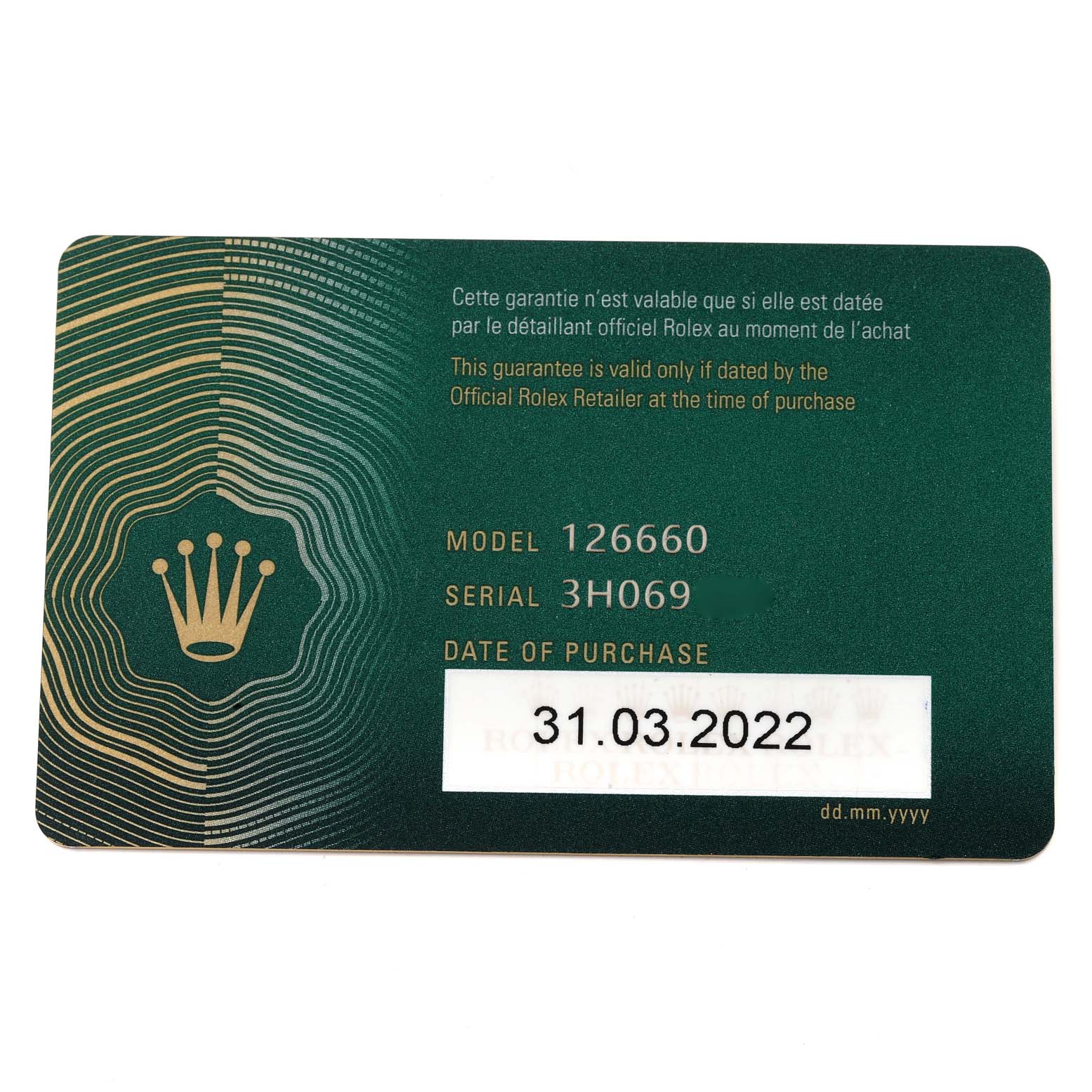 This image shows the warranty card for the Rolex Sea-Dweller 126660 Men
s Stainless Steel Black Dial 126660 Men
s Stainless Steel Black Dial model 126660 with purchase date 31.03.2022.