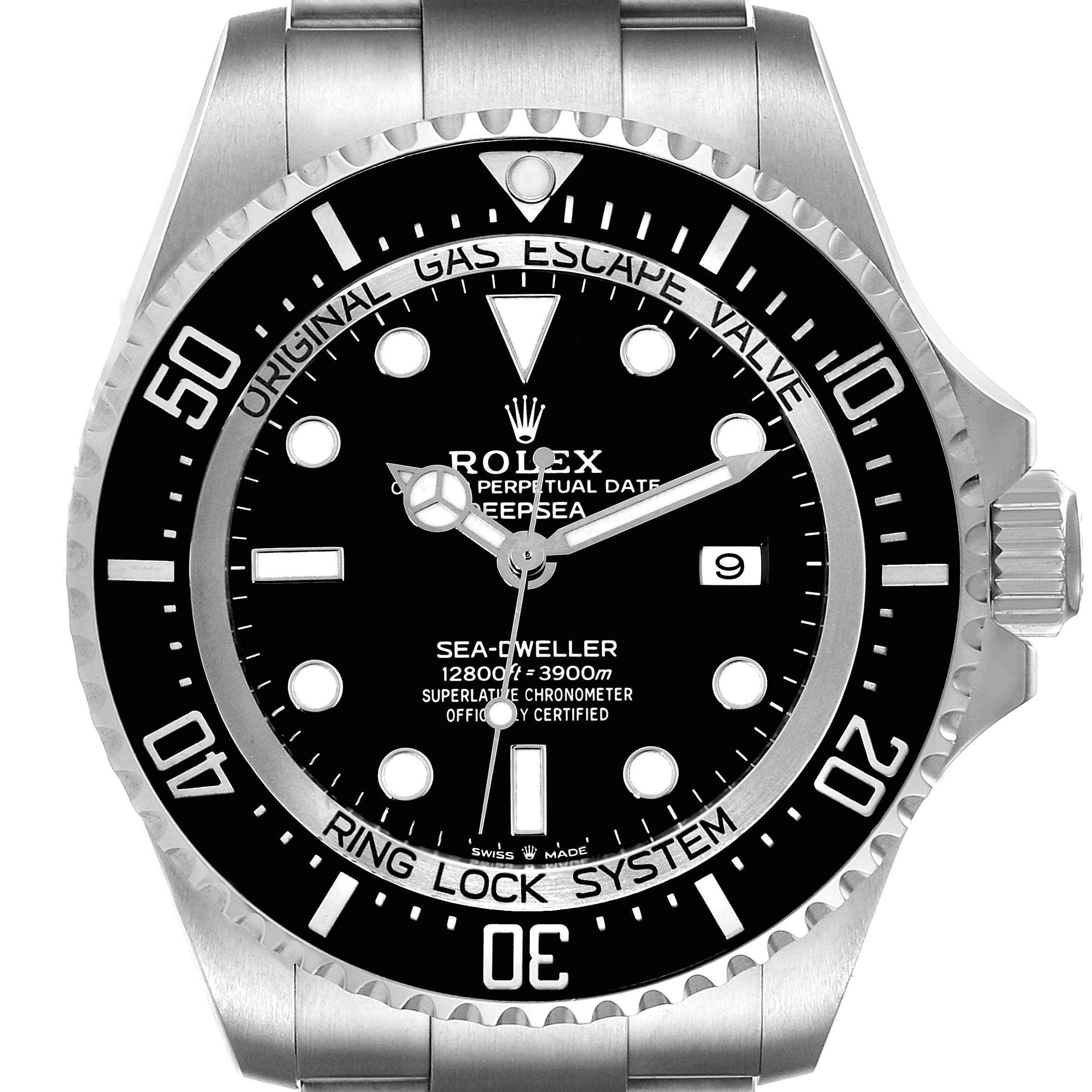 This image shows a front view of the Rolex Sea-Dweller 126660 Men
s Stainless Steel Black Dial 126660 Men
s Stainless Steel Black Dial watch, highlighting its dial, bezel, and crown.