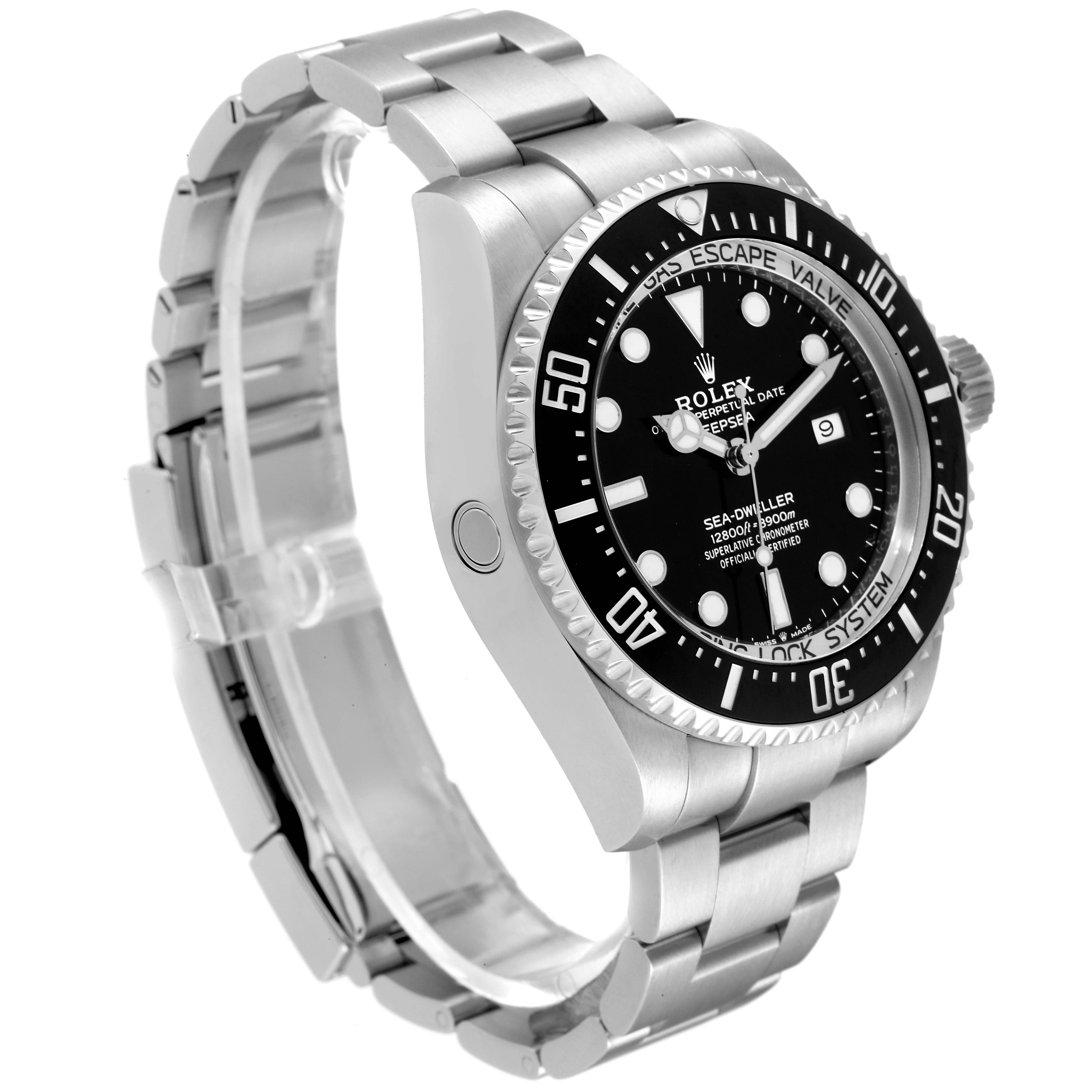 This image shows a side angle of a Rolex Sea-Dweller 126660 Men
s Stainless Steel Black Dial 126660 Men
s Stainless Steel Black Dial watch, displaying its bracelet, bezel, dial, and crown.
