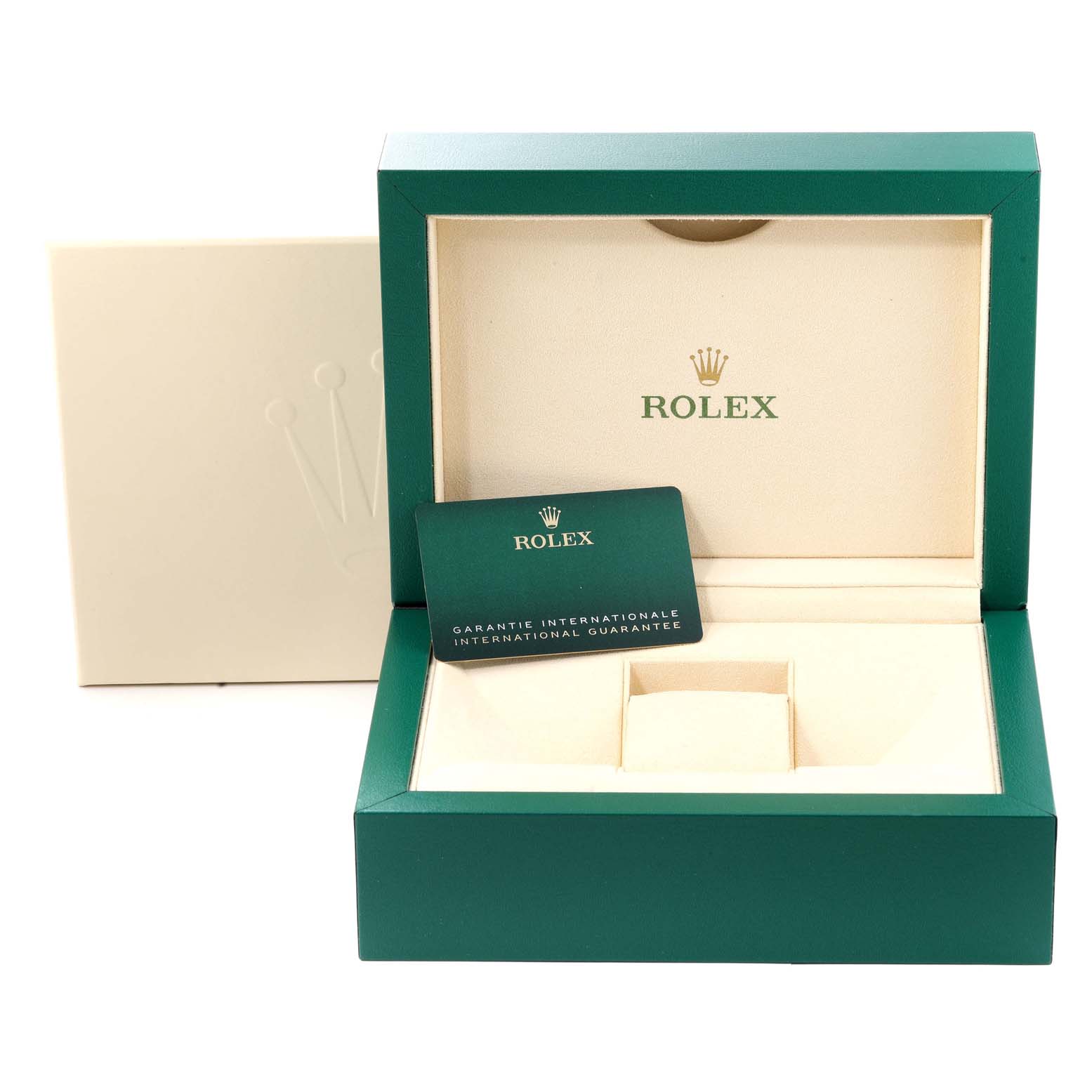 The image shows an open green Rolex box for the Sea-Dweller model, displaying the interior and a guarantee card.