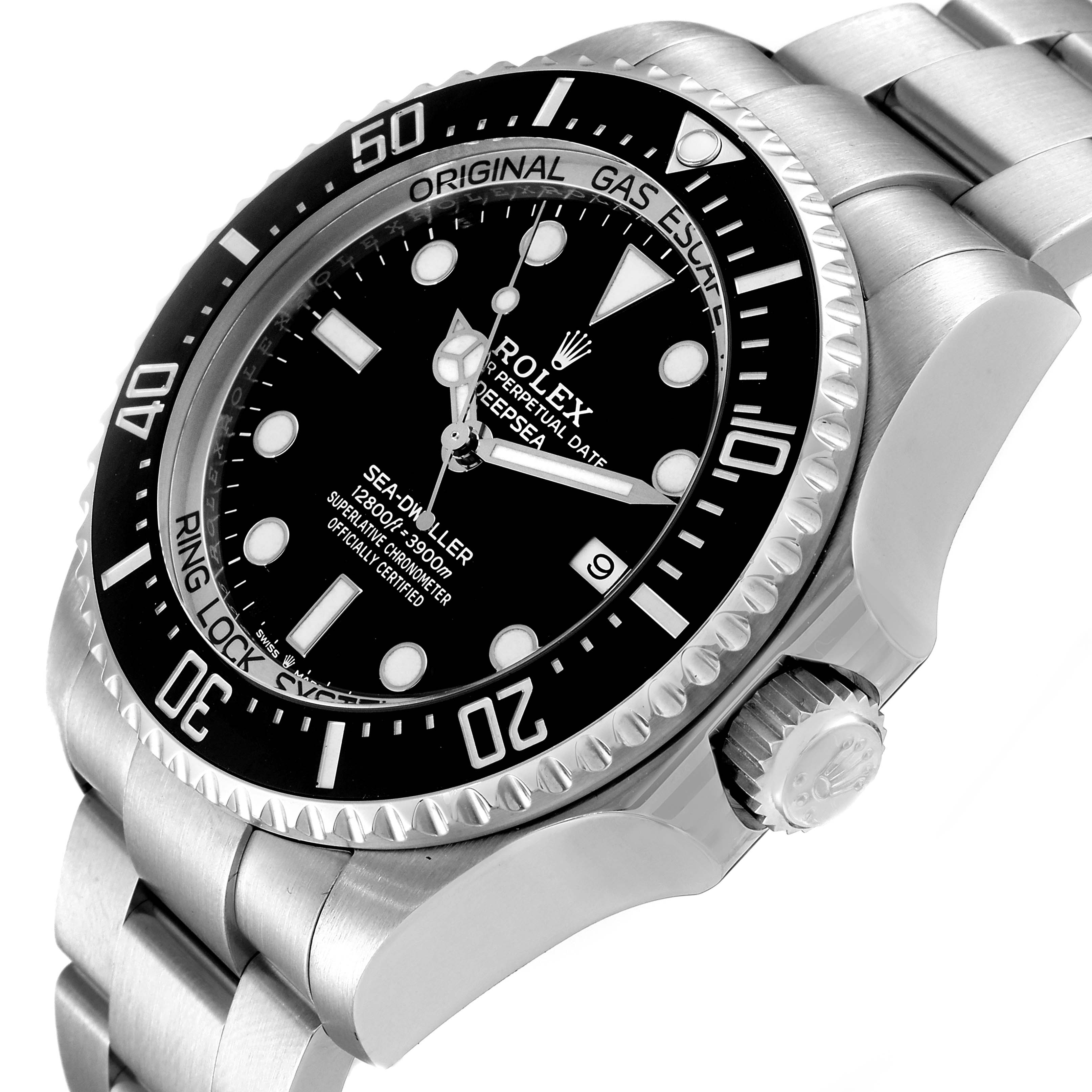 This image shows a close-up of the Rolex Sea-Dweller 126660 Men
s Stainless Steel Black Dial 126660 Men
s Stainless Steel Black Dial watch angled to display the face, bezel, crown, and part of the bracelet.