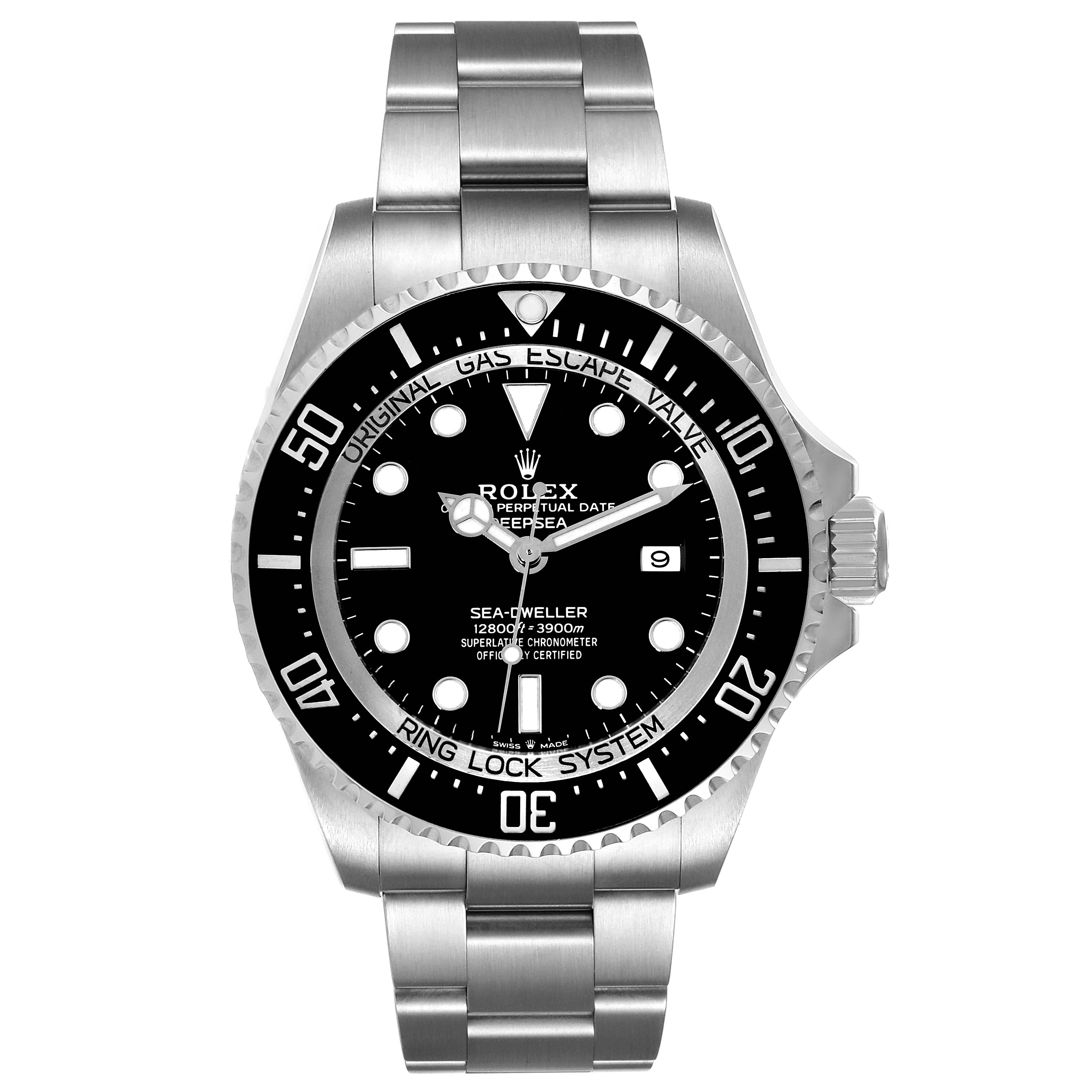The image shows the Rolex Sea-Dweller 126660 Men
s Stainless Steel Black Dial 126660 Men
s Stainless Steel Black Dial watch from a front angle, highlighting the dial, bezel, bracelet, and crown.