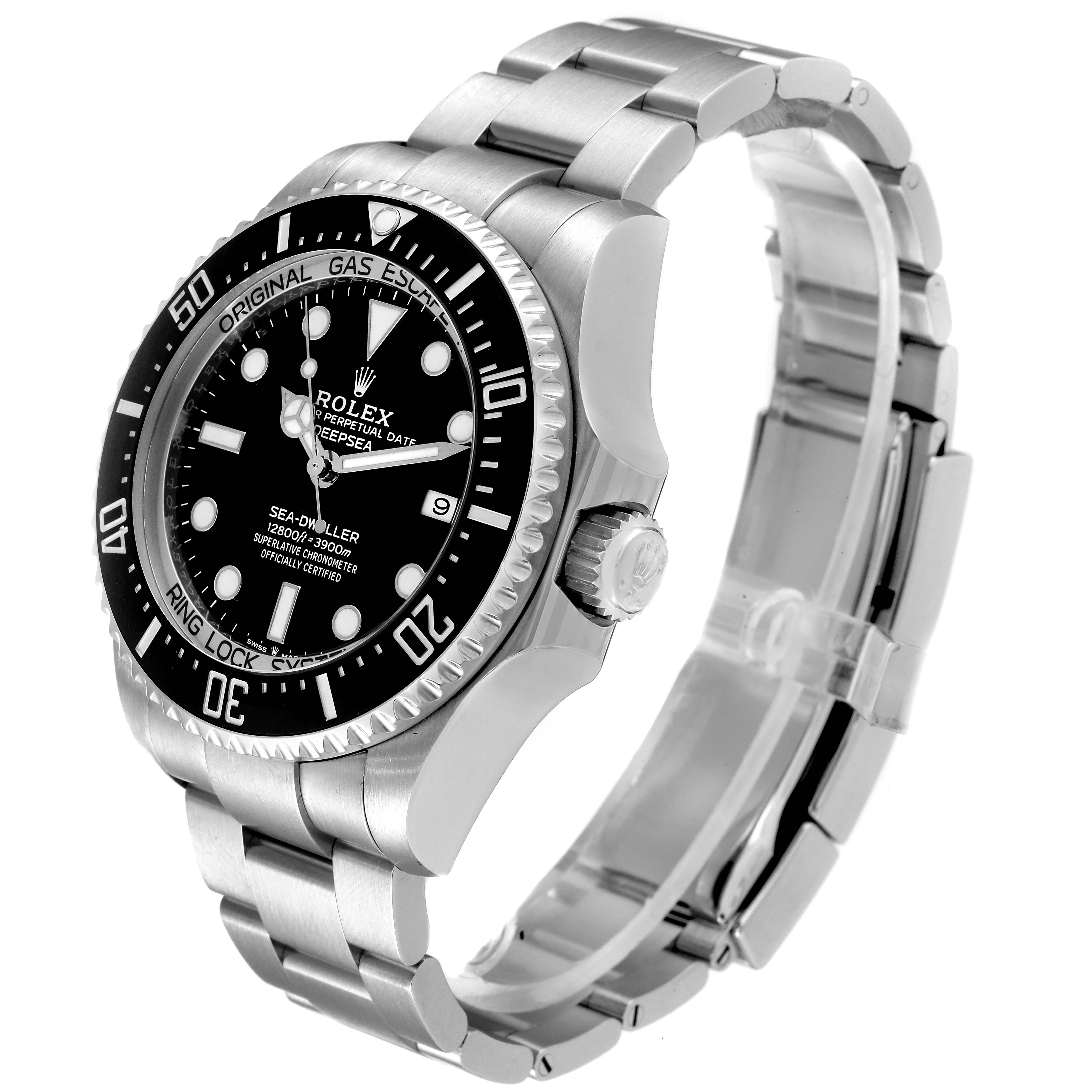 The image shows a side angle of the Rolex Sea-Dweller 126660 Men
s Stainless Steel Black Dial 126660 Men
s Stainless Steel Black Dial, highlighting the bezel, crown, and bracelet of the watch.