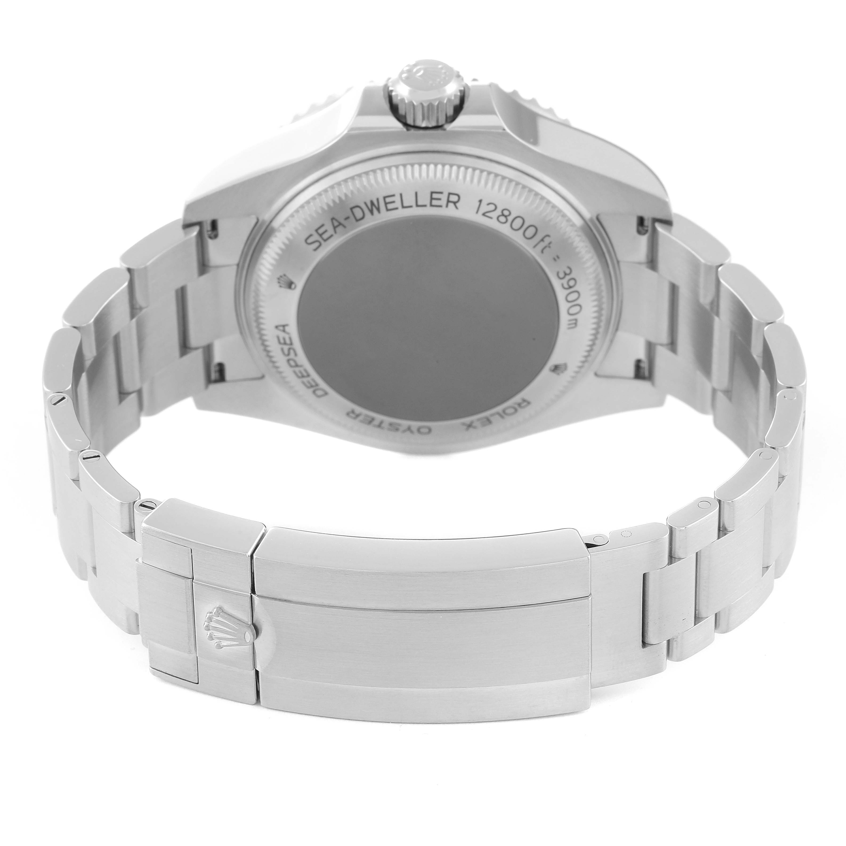 The image shows the back case, crown, and stainless steel bracelet of a Rolex Sea-Dweller 126660 Men
s Stainless Steel Black Dial 126660 Men
s Stainless Steel Black Dial watch.