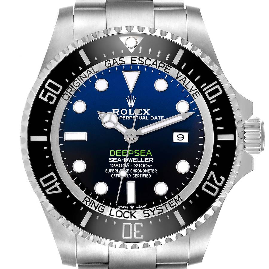 The image shows the front face and bezel of the Rolex Sea-Dweller Deepsea watch at a straight angle.